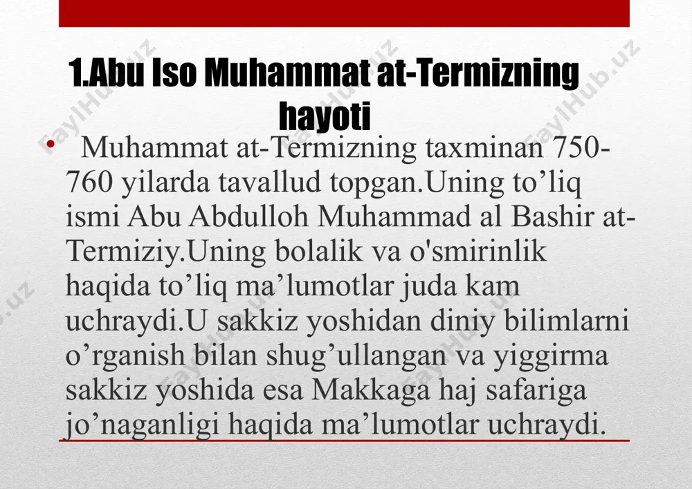 hhur muhaddisabu iso muhammad termiziydir. uning to‘liq ismiabu iso muhammad ibn savra ibn muso dahhok sulamiy(umrining oxirlarida ko‘zlari ojiz bo‘lib qolganligiuchun darir taxallusi bilan ham atalgan)termiziybo‘lib,824-yili termizda uncha badavlat bo‘lmagan oilada tavallud topdi.allomaning yoshlik yillari termiz shahrida o‘tgan, dastlabki ma’lumotni ham shu shaharda olgan. yozma manbalar va tarixiy osori atiqalardan ma’lumki, o‘rta asrlardatermizham o’rta osiyoningurganch, buxoro, samarqand, nasafsingari ilm-fan va madaniyati rivojlangan shaharlaridan biri bo‘lgan. mana shunday madaniy muhitda o‘sgan termiziy yoshligidan turli ilmlarni egallashga kattaqiziqish bilan intilgan. bolaligidan o‘ta ziyrakligi, quvvai hofizasi, ya’ni yodlash xotirasining kuchliligi va favqulodda noyob qobiliyati bilan o‘z tengqurlaridan ajralib turgan termiziy diniy va dunyoviy fanlar, ayniqsa, hadis ilmini alohida qiziqish bilan egallagan va bu boradagi o‘z bilimlarini muttasil oshirish maqsadida ko‘pgina sharq mamlakatlarini ziyorat qilgan. jumladan, u uzoq yillariroqda, isfahon, xuroson, makka va madinadayashagan. ko‘p yillar davom etgan safarlari paytida termiziyqiroat,bayon, fiqh, tarix,ayniqsa, o‘zi yoshligidan alohida mehr qo‘yganhadis ilmibo‘yicha o‘z davrining yirik olimlari–mashhur muhaddislardan …