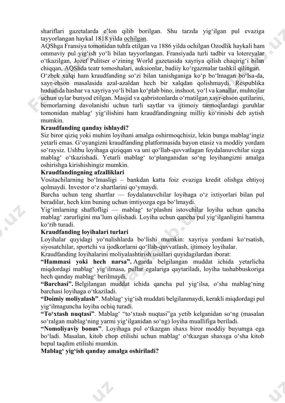 barobar ko‘p mahsulot yaratishini ko‘rsatmoqda. jahon tajribasi startaplar mamlakat iqtisodiyoti taraqqiyotida naqadar katta rol o‘ynashini aqsh, yevropa, xitoy, janubiy koreya, yaponiya va boshqa mamlakatlarning qator kompaniyalari misolida ko‘rish mumkin. ma’lumki, amerikalik olim raymond vernon tomonidan mahsulotning hayotiy sikli modeli ishlab chiqilgan. startap tadqiqotchilari ham uni mahsulotning hayotiy sikliga o‘xshash vujudga kelib rivojlanish jarayonini 5 bosqichga bo‘lishadi. 1. startapning vujudga kelish pre-seed stage – bosqichi. bu bosqichda qidirib topilgan g‘oya, aniq maqsad va vazifaga aylantiriladi. bozorni o‘rganish, yig‘ilgan ma’lumotlarni tahlil qilish, g‘oyani amalga oshirishning texnik usullarini ishlab chiqish, biznes-reja tuzish kabilar amalga oshiriladi. mahsulotning namunaviy nusxasi yaratiladi va sinovdan o‘tkaziladi. unga talab o‘rganiladi va moliyalatirish manbai qidiriladi. investor topilmasa u loyihaligicha qoladi. afsus aksari startaplarda ana shu hodisa yuz beradi. 2. startapni ishga tushirish startup stage – bosqichi. investor topilgach, mahsulotni bozor uchun chiqarishni boshlash mumkin. bunda eng muhimi – analog mahsulotlar orasida u boshqalardan ustunligini namoyish etishi kerak. raqobatchilarni yengish …