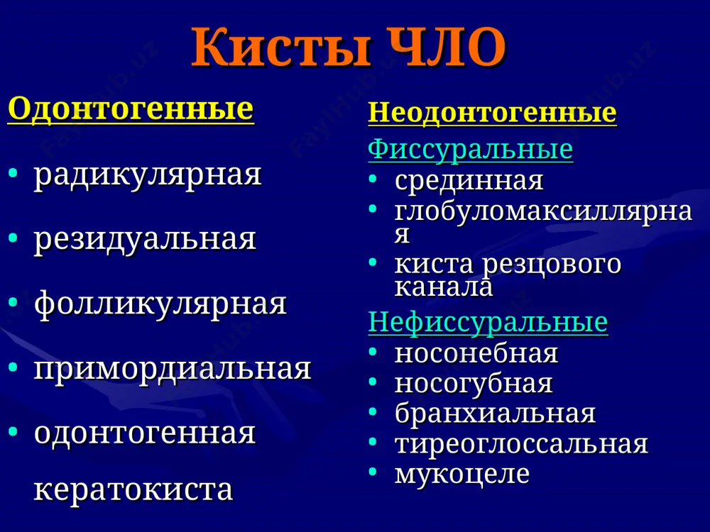 ный очаг просветления с плотными включениями зрелая цементома- тень однородной, плотной структуры энамелома (эмалевые жемчужины) клиники нет локализация: цементо- эмалевая связка плотные очаги небольших размеров четкие контуры дентинома очаг затемнения с четко очерченными контурами фиброма одонтогенная/неодонтогенная центральная/периферическая кальцинаты- в поздней стадии центральной фибромы миксома одонтогенная/неодонтогенная ячеистая структура (симптом «медовых сот») гемангиома- сосудистая опухоль ячеистая структура (симптом «медовых сот») при удалении зуба- массивное кровотечение флеболиты(округлые плотные очаги небольших размеров)- гемангиома мягких тканей гигантоклеточная опухоль одиночный (или множественный) участок просветления костной ткани с четкими несклеротическими контурами корни зубов смещены или резорбированы истончение или прерывание кортикального слоя и деформация челюсти признаки злокачественного процесса большие размеры неправильная форма нечеткий, «разъедающий», «проникающий» контур разрушение кортикального слоя на большом протяжении периостит в виде спикул, треугольника кодмана, «солнечных лучей» изменения в мягких тканях сохранение формы и положения корней зубов саркома остеосаркома возраст: 10- 25 лет локализация: нижняя челюсть литическая/бластическая хондросаркома возраст: 60 лет локализация: верхняя челюсть кальцинаты …