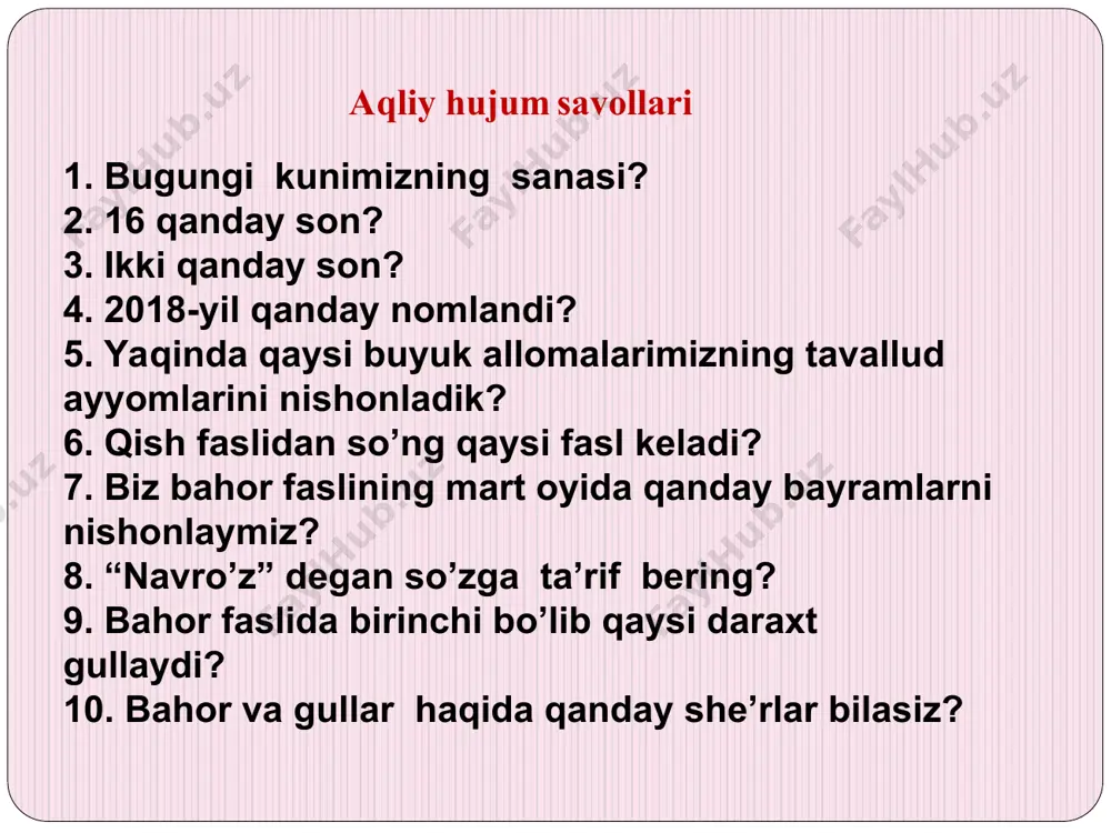 kiruvchi o’simliklar qatorini aniqlang? olma, uzum, binafsha b. binafsha, olma, kamxastak e. оlma, namatak, binafsha d. na’matak, olma, kamxastak test savollari. 2. o’zbekistonda atirgullarning qancha navi ekiladi? 240 ta b. 340 dan ortiq e. 540 dan ortiq d. 320 ta 3. o’zbekistonda na’matak turkumiga oid necha tur o’simliklar mavjud? 18 tur b. 20 tur e. 13 tur d. 25 tur 4. o’zbekistonda olmaning nechta madaniy turi mavjud? 7 b. 3 e. 6 d. 9 5. namatakning bo’yi necha metr? a. 3 – 4 metr b. 5 – 6 metr e. 7 – 8 metr d. 8 – 9 metr test javoblari. 1. d 2. b 3. e 4. b 5. a uzum “rizamat”, “gultish”, “sohibi”, “hiloliy” oq olma, qizil olma , namangan olmasi, targ`il olma , qozi dastor olma. olma “vatan”, “lola” “anjir shaftoli”, “zarafshon” “farhod”, “zarg`aldoq” shaftoli tabiatga yaqinlik, jonajon o`lkaning benihoyat go`zalligidan bahramand bo`lish ma`naviyatga oziq beradi, kuchaytiradi. …