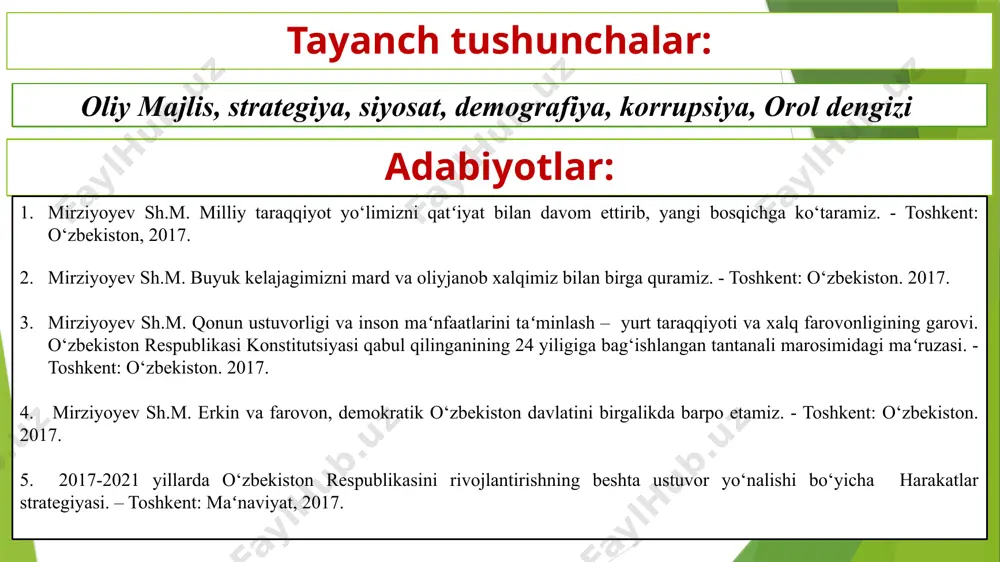 uzilmani rivojlantirish hamda modernizasiya qilish: 4.4. ta’lim va fan sohasini rivojlantirish: 4.5. yoshlarga oid davlat siyosatini takomillashtirish: v. xavfsizlik, millatlararo totuvlik va diniy bag’rikenglikni ta’minlash hamda chuqur o’ylangan, o’zaro manfaatli va amaliy tashqi siyosat sohasidagi ustuvor yo’nalishlar 5.1. xavfsizlik, diniy bag’rikenglik va millatlararo totuvlikni ta’minlash sohasidagi ustuvor yo’nalishlar: 5.2. chuqur o’ylangan, o’zaro manfaatli va amaliy tashqi siyosat sohasidagi ustuvor yo’nalishlar: samimiy e`tiboringiz uchun tashakkur! mavzuga oid qo`shimcha rasmiy internet manzili 1. https://lex.uz/ 2. https://president.uz/ 3. https://strategy.uz/ image1.jpeg image2.jpg image3.jpg image4.jpg image5.jpg /docprops/thumbnail.jpeg