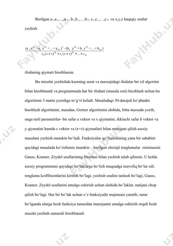 iradigan funksiyalarga rekursiv funksiyalar deyiladi. oldingi boblarda ta’kidlab o‘tilganidek, c++ tilidagi har qanqay programmada albatta main() bosh funksiyasi bo‘lishi kerak. ayni shu funksiyani yuklagich tomonidan chaqirilishi bilan programma bajarilishi boshlanadi. quyidagi rasmda bosh funksiyadan boshqa funksiyalarni chaqirish va ulardan qaytish sxemasi ko‘rsatilgan. 1-rasm. bosh funksiyadan boshqa funksiyalarni chaqirish va qaytish programma main() funksiyasini bajarishdan boshlanadi va “f1(x,y);” – funksiya chaqirishgacha davom etadi va keyinchalik boshqaruv f1(x,y) funksiya tanasidagi amallarni bajarishga o‘tadi. bunda radius parametrining qiymati sifatida funksiya x o‘zgaruvchi qiymatini, symbol parametri sifatida y o‘zgaruvchisining qiymati ishlatiladi. funksiya tanasi return operatorigacha bajariladi. return operatori boshqaruvni main() funksiyasi tanasidagi f1() funksiyasi chaqirilgan operatordan keyingi operatorga o‘tishni ta’minlaydi, ya’ni funksiyadan qaytish ro‘y beradi. shundan keyin main() funksiyasi operatorlari bajarilishda davom etadi va “f2(a,b,c);” – funksiya chaqirishi orqali boshqaruv f2() funksiya tanasiga o‘tadi va hisoblash jarayonida mos ravishda yesno sifatida a o‘zgaruvchisining, cout sifatida o‘zgaruvchisining va key sifatida c o‘zgarchuvchisining qiymatlari ishlatiladi. funksiya …