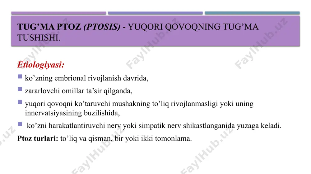 ri, diatez, toksik-allergik holatlar, yuqumli kasalliklar, gijjalar invaziyasi, zamburug’li zararlanishlar, endokrin, metabolik, immun va allergic kasalliklar muhim rol o’ynaydi. blefaritning yuzaga kelishida, korrektsiyalanmagan refraktsiya nuqsonlar, ayniqsa gipermetropiya va astigmatizmning xam o’rni bor. klinikasi: blefaritning asosiy belgilari - qovoqlar chetining qizarishi va qalinlashishi, hamda qovoqlarning qichishi hisoblanadi. blefaritning quyidagi klinik turlari mavjud: * oddiy blefarit * kepakli blefarit * yarali blefarit joylashishi bo’yicha: blefaritlar old va orqa turlariga bo’linadi. birinchi holda yallig’lanish asosan kipriklar va ularning follikulalari atrofida bo’lsa, ikkinchisida meybomiy bezlarining chiqaruv yo’llari ham qamrab olinadi. oldingi blefarit ham ikkiga: stafilokokkli va seboreyaliga bo’linadi. klinik kechishiga ko’ra: o’tkir va surunkali blefaritni ajratish mumkin. surunkali blefarit odatda kimyoviy gazlar, sigaret tutuni, smog va boshqa ta’sirlarning uzoq yoki muntazam ta’sir qilishi tufayli yuzaga keladi. oddiy blefarit (blepharitis simplex) - qovoq qirralarini engil qizarishi bilan namoyon bo’ladi. shikoyatlari: bemorlar qichishishga, ko’zlarda engil darajada yot jism hissi, yorug’likka sezgirlikni shishi (fotofobiya), ko’rishni engil xiralashishi, …