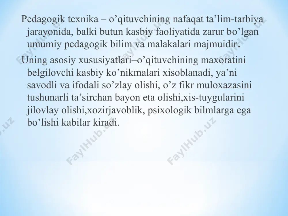 tli ravishda tuzatish, kirib borish, imkonini beradi. pedagogik texnika ikkita komponent guruhga bo’linadi: 1.o’qituvchining shaxsiy axloqiy fazilatlari va xulqi bilan bog’liq bo’lib. ta’lim-tarbiya jarayonida o’z-o’zini boshqarish malakalarida namoyon bo’ladi: ta’lim-tarbiya jarayonida o’z xatti-xarakatlarini boshqarishi, ta’lim-tarbiya jarayonida o’z xissiyotini va kayfiyatini jilovlay olishi mukammal perseptiv qobiliyatga egaligi nutq texnikasini bilishi va o’z o’rnida qo’llay olishi. 2.o’qituvchining shaxs va jamoaga ta’sir ko’rsatish malakalari bilan bog’liq bo’lib, bu gurux talim-tarbiyaning texnologik tomonini qamrab oladi: o’qituvchining didaktik,tashkilotchilik, konstruktiv, kommunikativ qobiliyatlari ma’lum bir reja asosida o’z oldiga qo’yilgan talablarning bajarilishini nazorat kilish ta’lim muassasasida va o’quvchilar jamoasida ta’lim-tarbiya bilan bogliq bo’lgan ijodiy faoliyatni tashkil eta olish o’quvchilar bilan pedagogik muloqot jarayonini bir muvozanatda saklab boshqara olish. pedagogik texnika malakalarining xususiyati shundan iboratki, ularning hammasi aniq ifodalangan individual - shaxsiy tusda bo‘ladi, ya’ni pedagogning indivudual psixik-fiziologik xususiyatlari asosida tarkib topadi. individual pedagogik texnika pedagogning yoshi, jinsi, mijozi, fe’l-atvori, sihat - salomatligi, anatomik – fiziologik xususiyatlariga bog‘liq …