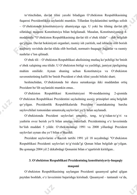 2000 yillardagi prezident saylovlari aynan shu yo‘l bilan o‘tkazildi. prezident saylovlarini o‘tkazish tartibi 1991 yil 18 noyabrdagi "o‘zbekiston respublikasi prezidenti saylovlari to‘g‘risida"gi qonun bilan belgilab qo‘yilgan. bu qonunga 2004 yil 2 dekabrdagi qonunini bilan o‘zgartirish kiritilgan.. 3. o‘zbekiston respublikasi prezidentning konstitutsiyaviy-huquqiy maqomi o‘zbekiston respublikasining saylangan prezidenti qasamyod qabul qilgan paytdan boshlab, o‘z lavozimini bajarishga kirishadi. qasamyod – tantanali va’da, konstitutsiya va xalqqa xizmat qilish yuzasidan prezident o‘z lavozimiga kirishganda beradigan qasamyoddir. o‘zbekiston respublikasi prezidenti qasamyodining matni konstitutsiyaning 92-moddasida berilgan: "o‘zbekiston xalqiga sadoqat bilan xizmat qilishga, respublikaning konstitutsiyasi va qonunlariga qat’iy rioya etishga, fuqarolarning huquq va erkinliklariga kafolat berishga, o‘zbekiston respublikasi prezidenti zimmasiga yuklatilgan vazifalarni vijdonan bajarishga tantanali qasamyod qilaman." o‘zbekiston respublikasi prezidenti parlament deputatlari oldida tantanali ravishda qasamyod qabul qiladi. qasamyod qabul qilishda prezidentning qo‘l ostida konstitutsiya matni bo‘ladi. prezident o‘zbekiston xalqiga sadoqat bilan xizmat qilishga, respublikaning konstitutsiyasi va qonunlariga qat’iy rioya etishga, fuqarolarning huquq va erkinliklariga kafolat berishga, o‘z …