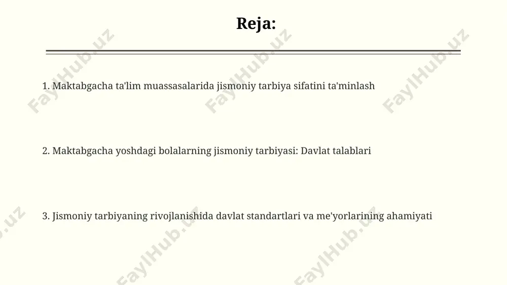 li bolalarning jismoniy faollik darajasini 30% ga oshirishga yordam beradi. mobil ilovalar va sensorli ekranlardan foydalanish, bolalarning jismoniy mashqlarga bo'lgan qiziqishini oshirishda muhim rol o'ynaydi, natijada 15% ga ko'proq jismoniy faollik kuzatiladi. jismoniy tarbiya sohasidagi muammolar va ularni bartaraf etish yo'llari pedagogik kadrlarning malaka oshirish kurslari soni yetarli emas, 20% o'qituvchilar maxsus jismoniy tarbiya bo'yicha sertifikatga ega emas, bu sifatli mashg'ulotlar o'tkazilishini cheklaydi. bolalar bog'chalarida jismoniy faoliyatga ajratilgan vaqt me'yorlari yetarli emas, kuniga kamida 60 daqiqa faol harakat tavsiya etiladi, ammo amalda bu vaqt ancha kam. jismoniy tarbiya darslarida zamonaviy jihozlarning yetishmasligi, ayniqsa, qishloq hududlaridagi 30% maktabgacha ta’lim muassasalarida kuzatiladi, bu bolalarning jismoniy rivojlanishiga salbiy ta’sir ko'rsatadi. o'qituvchilarning malakasi va jismoniy tarbiya darslarini o'tkazish uslublari o'qituvchilarning kamida 5 yillik tajribasi va jismoniy tarbiya bo'yicha malaka oshirish kurslarini tugatganligi bolalar rivojlanishi uchun muhim. yoshga moslashtirilgan dastur va 15-20 daqiqalik darslar bolalar charchoqsiz va qiziqish bilan mashg'ulotlarda ishtirok etishlarini ta'minlaydi. samarali jismoniy …