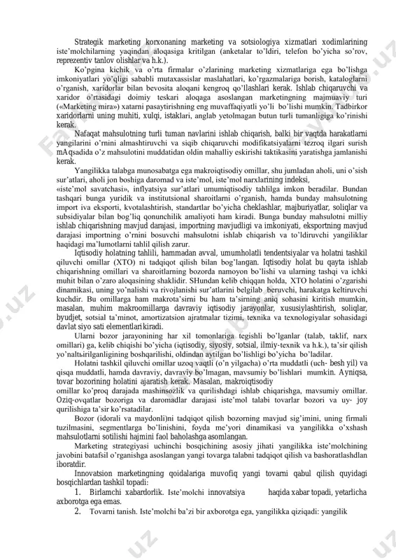jalashtirish, reklama xarajatlarini hisoblash asosida, innovatsiyalarning iste‘molchi tomonidan qabul qilinmaslik xavfini ancha pasaytirishga erishadi. bugungi kunda marketing uch jihat birligi sifatida tushuniladi: 1) biznesning maxsus falsafasi; 2) bozordagi holatni baholash va unga ta‘sir etishga imkon beruvchi vositalar kompleksi; 3) innovatsion korxona bozor strategiyasi amalga oshuvchi boshqaruv funktsiyasi. hozirgi davrda korxonalarimizda marketing tushunchasiga boshqaruv funktsiyasi sifatida qaralib, marketing vositalarining cheklangan majmuini qo‘llashadi. bunda ular marketingning birinchi jihatini, ya‘ni uning innovatsion korxona boshqaruv tizimini va uning tsrategiyasini bozorning itsiqboldagi rivojlanishi nuqtai nazaridan baholashga imkon beruvchi asosiy jihatini nazardan chetda qoldirmoqda. marketingni bu kabi cheklangan va tor tushunishning asosiy sababi innovatsion korxonalarimizda menejment darajasining xorijiy kompaniyalarga nisbatan orqa ekanligi, krxonaning bozordagi mavqeini shakllantiruvchi biznesning ideologiyasi mavjud emasligi hisoblanadi. innovatsiyalar marketingi kontseptsiyasi butun marketing xizmati, bozorni tadqiqot qilish va korxonaning raqobat strategiyasini qidirib topishning asosiy ishi bo’ladi. innovatsiyalarni qidirib topishning boshlang’ich bosqichida marketing bo’linmalarining birinchi darajali vazifasini bajarish: 1. talab va raqobatning darajasi; 2. …