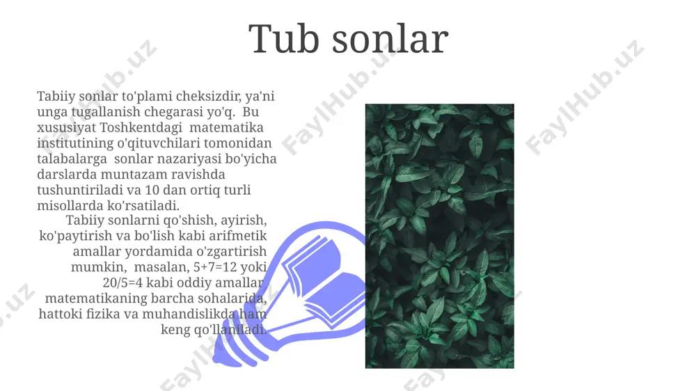 bi tub sonlarning ko'paytmasi bo'lib, farg'ona vodiysidagi maktablarda sonlar nazariyasi bo'yicha o'rgatiladi. murakkab sonlarni faktorizatsiya qilish matematikada muhim ahamiyatga ega bo'lib, kriptografiya kabi sohalarda, xususan, 1024 bitlik kalitlarni ishlatadigan tizimlarda qo'llaniladi. bu esa toshkentdagi oliy o'quv yurtlarida chuqurroq o'rganiladi. sonlarning taqqoslanishi tabiiy sonlarni taqqoslashda tengsizlik belgilaridan foydalaniladi: > (katta), 3, 15 = 15, 2 < 10. bu belgilar sonlar orasidagi munosabatni aniq va qisqa ifodalash imkonini beradi, masalan, buxoroda bo'lib o'tgan testlarda. ikki sonni taqqoslashda, ularning o'zaro farqini topish mumkin. masalan, 25 va 12 sonlari orasidagi farq 13 ga teng. bu farqni topish operatsiyasi sonlarni taqqoslashda muhim ahamiyatga ega, chunki bu ularning kattalik munosabatini aniqlaydi, masalan, toshkentda o'tkazilgan matematika olimpiadasida. sonlar sistemasidagi o'rni tabiiy sonlarning ketma-ketligi, arifmetik progressiya misoli bo'lib, har bir keyingi son oldingisidan 1 ga farq qiladi; bu xossasi sonlar sistemasidagi ularning o'rnini aniq belgilaydi va hindiston-arab raqam yozuv tizimida oson ifodalanadi. tabiiy sonlar, 1, 2, 3 kabi …