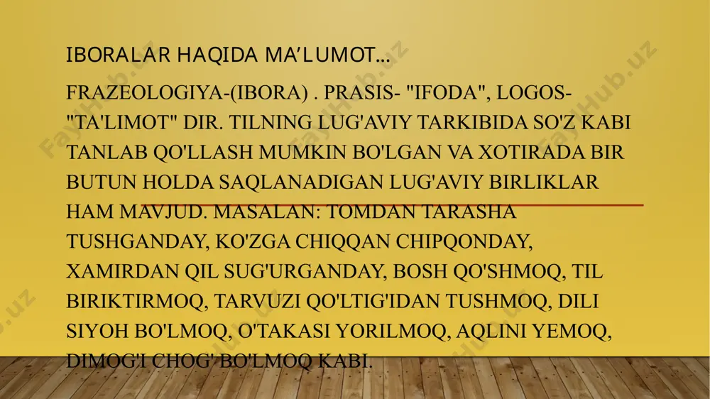armaydi, tarvuzi qo'ltig'idan tushmoq, yuragi orqasiga tortib ketdi, dili siyoh bo'ldi, sanamay sakkiz demoq iboralarini ming tanga bo'ldi sichqonning ini, suv sirkani ko'tarmaydi, ko'ltig'idan tarvuzi tushdi, sakkiz sanamay dedi, orqasiga yuragi tortib ketdi shaklida almashtirib qo'llansa iboradan chiqib ma'nosi butunlay o'zgarib ketadi va hatto gapga aylanib qoladi. frazeologik iboralarning tuzilishi va ma'no jihatidan turlari turg'un (frazeologik) iboralar tarkibidagi sozlarning o'zaro birikish darajasi va iboralar tarkibidagi so'zlarga xos ma'nolarning munosabati turlichadir. shunga ko'ra uch turga bo'linadi: 1) frazeologik qo'shilma, 2) frazeologik butunlik, 3) frazeologik chatishma. frazeologik qo'shilma. ma'nosi qo'shilma tarkibidagi so'zlarning o'z va ko'chma ma'nolaridan kelib chiqadigan turg'un iboralar frazeologik qo'shilma deyiladi.masalan, burni ko'tarilmoq, (burni o'z ma'nosida, ko'tarildi - ko'chma ma'noda), boshini qovushtirmoq(boshi - o'z ma'nosida,qovushtirmoq ko'chma ma'-noda), yo'ldan urmoq (yo'ldan - o'z ma'nosida, urmoq - ko'chma ma'noda), kiprik qoqmay (kiprik - o'z ma'nosida, qoqmay ko'chma ma'noda, kuni bitdi (kuni - o'z manosida, bitdi - ko'chma ma'noda), tili kelmaydi (tili - …