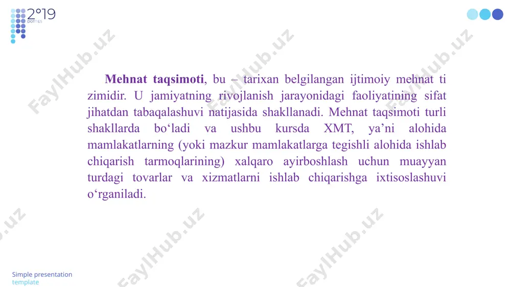 нгги чорагида хорижга нефтни кўп миқдорда етказиш орқали ўз даромадларини кескин кўтара олдилар. ўтиш иқтисодиётига эга мамлакатлар– самарасиз «буйруқбозлик иқтисодиёти»дан озод бўлган ва демократия, шахс эркинлиги, очиқ жамият, ҳуқуқий-бозор муносабатларига ўтган мамлакатлар. иқтисодий қолоқ мамлакатлар – жаҳоннинг ривожланмаган, қашшоқлик ва камбағалликдан азият чекаётган (тахминан 100 та) африка, осиё ва лотин америкаси давлатларининг бир қисми (сомали, эфиопия, бангладеш, бирма, гайана, гаити ва бошқалар). 10-илова. халқаро товар ва хизматлар савдоси халқаро савдо (хс) – бу товар ва хизматлар экспорти орқали амалга ошириладиган халқаро иқтисодий муносабатлар шакли халқаро ихтисослашиш ва савдонинг устунликлари мутлақ қиёсий товарлар ишлаб чиқариш ва айирбошлашда минимал бевосита ишлаб чиқариш ҳаражатлари товарлар ишлаб чиқариш ва айирбошлашда минимал билвосита ишлаб чиқариш ҳаражатлари савдо ҳамкорларига нисбатан арзонроқ маҳсулотлар таклиф этган мамлакатлар ўзаро маҳсулотлар айирбошлашади ишлаб чиқаришга нисбатан кам ресурс сарфлаган мамлакатлар ўзаро маҳсулотлар айирбошлашади 11-илова. тўлов баланс савдо баланси хизматлар бўйича тўлов ва тушумлар (почта, инженерлик хизматлари, суғурта, фрахт ва ҳаказолар бўйича) …