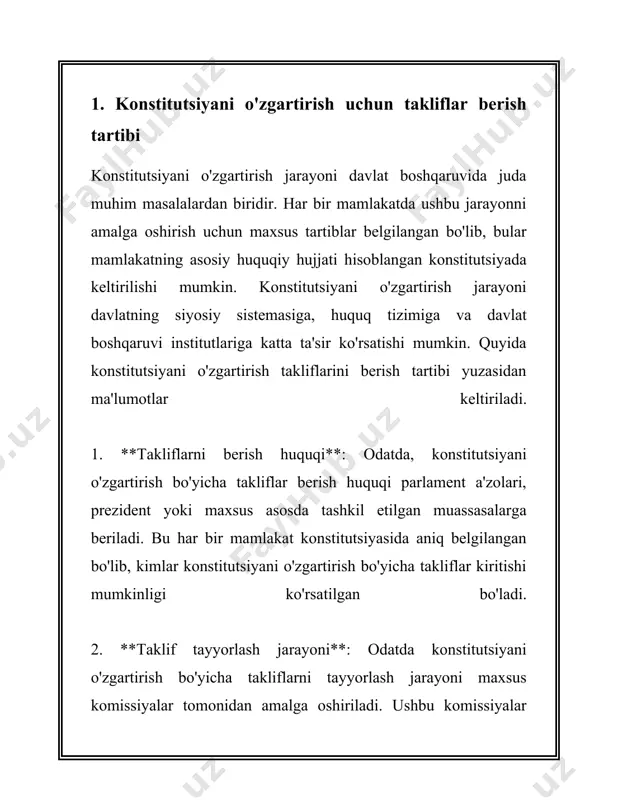 zgartirish jarayoni demokratik prinsiplar va qonun ustuvorligini ta'minlashga qaratilgan bo'lishi shart. 2. konstitutsiyaviy o'zgartirishlar loyihasini tayyorlash 2. konstitutsiyaviy o'zgartirishlar loyihasi tayyorlash jarayoni mamlakatda keng ko'lamdagi siyosiy, ijtimoiy va iqtisodiy masalalarni o'z ichiga oladi. bu jarayonning maqsadi davlat boshqaruvi tizimini yaxshilash, davlat idoralarining samaradorligini oshirish va fuqarolarning huquq va erkinliklarini kafolatlashdir. konstitutsiyaviy o'zgartirishlar loyihasi odatda bir necha bosqichda amalga oshiriladi. birinchi bosqichda konstitutsiyaviy o'zgartirishlarni amalga oshirish zarurligini aniqlash uchun tahlil qilinadi. bu jarayonda mutaxassislar, ilmiy tadqiqot institutlari va nodavlat tashkilotlarining tavsiyalari ko'rib chiqiladi. ko'p hollarda jamiyatdagi muhim ijtimoiy masalalar va xalqaro tajriba ham inobatga olinadi. maqsad konstitutsiyaviy o'zgartirishlarning asosiy yo'nalishlarini aniqlashdir. ikkinchi bosqich – konstitutsiyaviy o'zgartirishlar loyihasini tayyorlash. loyihani tayyorlashda turli sohalarga ixtisoslashgan ekspertlardan iborat ishchi guruhlar tuziladi. ushbu guruhlar takliflarni ishlab chiqishda xalqning ehtiyojlari va mamlakatning rivojlanish maqsadlarini hisobga oladi. loyihani tayyorlashda xalqaro tajriba, xalqaro huquq normalari va insonga doir huquqlar to'g'risidagi xalqaro hujjatlar inobatga olinadi. uchinchi bosqichda konstitutsiyaviy o'zgartirishlar …