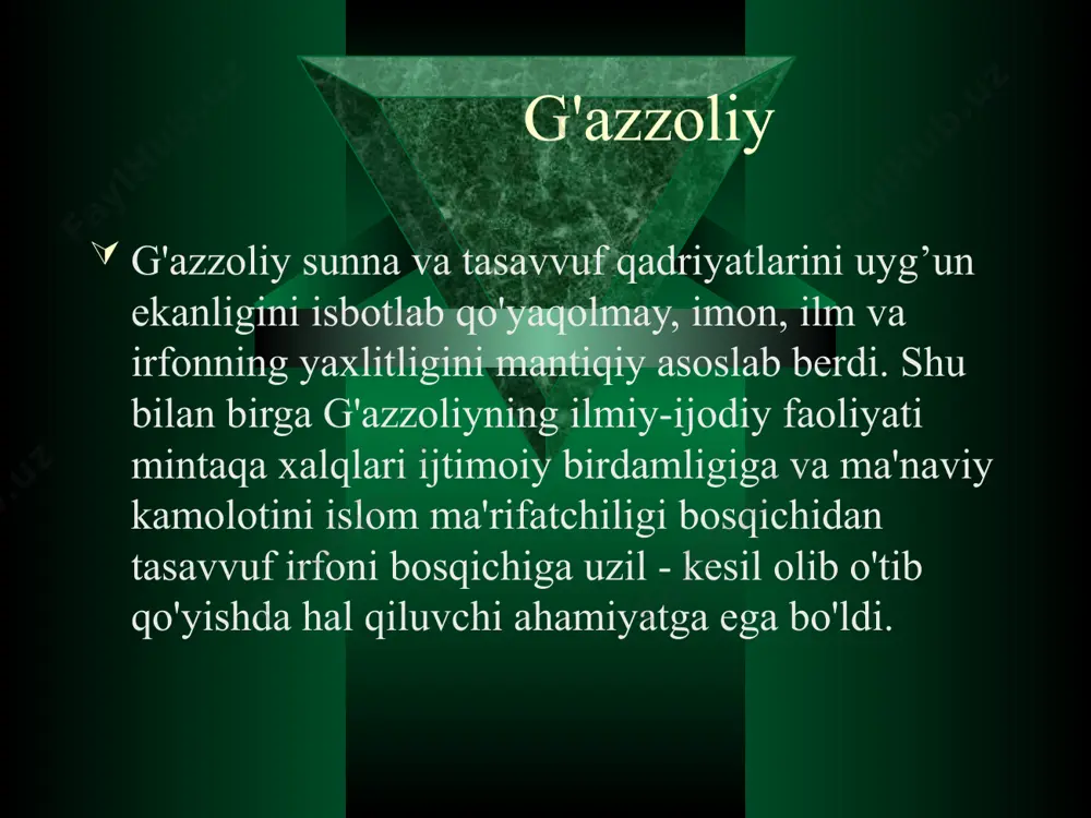 oliyaviy yordami bilan kifoyalanish suhbat foydalaridan hisoblanadi, deydi mutafakkir. turli muhim ishlarni amalga oshirishda suhbatdoshdan yordam talab etish uning foydasi sirasiga kiradi. suhbatdosh musibatlarda himoya vositasi va turli hollarda quvvat manbai bo'ladi. g’azzoliy shaxs suhbatdoshida besh xislat mavjudligini ta’kidlaydi. bular: suhbatdosh oqil; xushxulq bo'lishi, fisq-fujur va bida’tdan uzoqda bo'lishi, dunyoga xaris bo'lmasligi. g’azzoliy jamiyatda insoniy munosabatlar tizimida do’stlashish va birodar bo’lishni shaxslararo ijtimoiy distansiyani (masofa) yaqinlashtiruvchu eng kuchli omil sifatida qarab, bu birodarlikni o’zaro haq-huquqlarga rioya etgan holda bo’lishi ijtimoiy munosabatlarni yanada mustahkamlashini ta’kidlaydi. g’azzoliy bunday haq-huquqlarni tizimlashtirib bir necha turga bo’lgan. 1.ma’ruza matni. 2.intеrnеt saytlari. e’tiboringiz uchun raxmat.