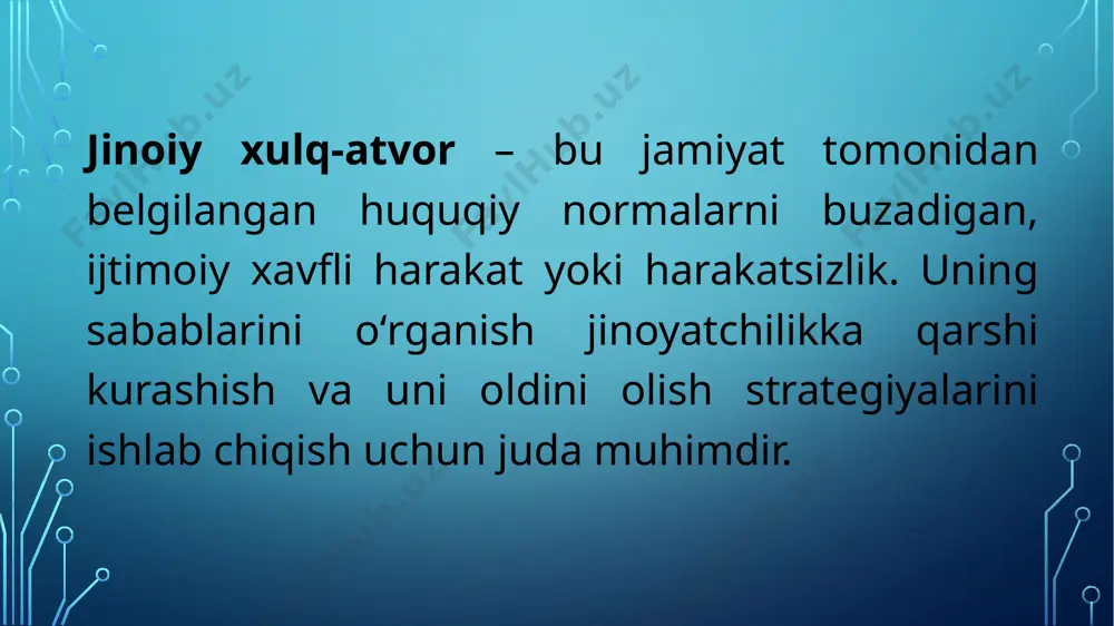 gacha keng qamrovli omillar bilan bog‘liq. jinoiy xulq-atvorning determinatsiyasi deganda, aynan shu omillarning majmuasi, ularning o‘zaro ta'siri va shaxsning jinoyat yo‘liga kirishiga olib keluvchi mexanizmlar tushuniladi. bu murakkab hodisani tushunish, jinoyatchilikning oldini olish va jamiyatda xavfsizlikni ta'minlash uchun hal qiluvchi ahamiyatga ega. jinoiy xulq-atvorning paydo bo‘lishida bir qancha asosiy omillar guruhini ajratish mumkin. birinchi navbatda, biologik omillar muhim rol o‘ynaydi. ba'zi tadqiqotlar genetika, miya tuzilishidagi anomaliyalar yoki neyrotransmitterlar faoliyatidagi buzilishlar shaxsning impulsivlik, agressivlik va xavfli xulq-atvorga moyilligini oshirishi mumkinligini ko‘rsatadi. biroq, bu mutlaq determinant emas, balki faqatgina moyillikdir. biologik omillar o‘z-o‘zidan jinoyatchilikka olib kelmaydi, ular ko‘pincha boshqa omillar bilan birgalikda namoyon bo‘ladi. ikkinchi va ehtimol eng muhim omillar guruhi – bu psixologik omillar. shaxsiyatning patologik rivojlanishi, ayniqsa antisotsial shaxsiyat buzilishi, jinoiy xulq-atvorning asosiy sabablaridan biri hisoblanadi. empatiya yetishmasligi, vijdon azobining yo‘qligi, manipulyativlik, qoidalarni buzishga moyillik kabi xususiyatlar bu turdagi shaxslarda yaqqol ko‘zga tashlanadi. bolalikdagi psixologik travmalar, masalan, zo‘ravonlikka duchor bo‘lish, …