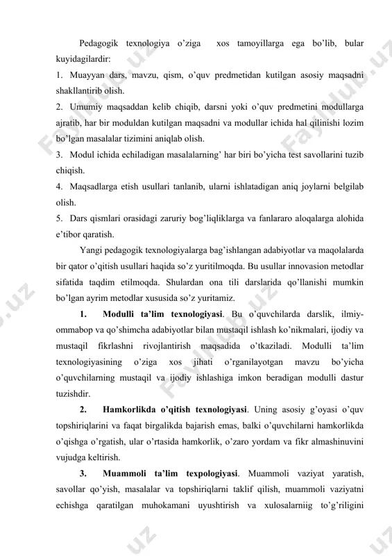 h, muammoli vaziyatni echishga qaratilgan muhokamani uyushtirish va xulosalarniig to’g’riligini tasdiqlashdir. 4. intsrfaol metod texnologiyasi. o’quvchilarning ijodkorligiga tayanish, darsda erkin bahs-munozara sharoitini tug’dirish. buning uchun sinf kichik guruhlarga bo’linadi va dars davomida shu guruhlar bilan ishlanadi. 5. didaktik o’yinlar texnologiyasi. dars jarayonida turli didaktik o’yinlarni ko’llash va ular orqali darsda jonlanish, faol harakat va qiziqish uyg’otish. 6. sinov darslari. o’quvchilarning ma’lum bilim va ko’nikmalarini sinash maqsadida o’tkaziladigan darslar bo’lib, ular test topshiriqlari yoki nazorat varaqlari orqali o’tkaziladi. xulosa qilib aytganda, yangi pedagogik texnologiyalarni ta’lim jarayoniga olib kirish davr talabidir. bu ish esa o’qituvchiga bog’liq. o’qituvchi ijodkor bo’lishi, yangi pedagogik texnologiyalarning xilma-xil shakllarini, usullarini yaratib borishi, ularni ta’lim jarayonida qo’llab borishi lozim. ona tili dasturi va darsliklarida til materiallarining berilishi dars samaradorligi bilan uzviy bog’liqdir. ma’lumki, uzoq davr mobaynida ona tili mashg’ulotlari dastur va darslik materiallari asosida tashkil qilindi. o’qituvchilar asosan darslik doirasida, uning materiallari asosida ishlashga odatlandilar. buning bosh sababi …