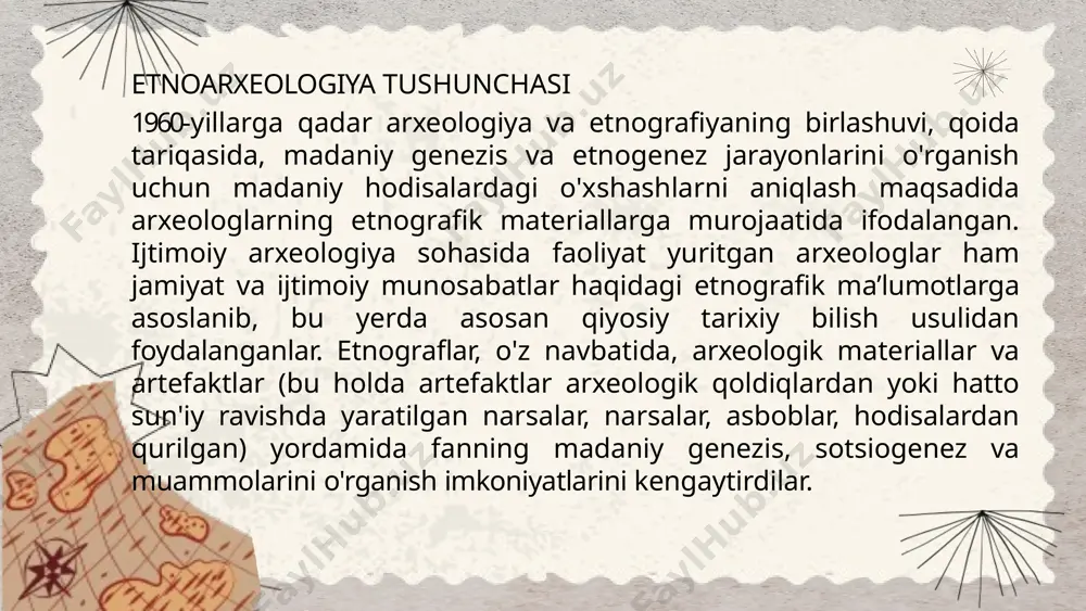 slash va "bir tomondan, moddiy madaniyat va uning qoldiqlari, ikkinchi tomondan, jonli ijtimoiy voqelik o'rtasidagi" munosabatlarni aniqlash, faraziy ob'ektlarni qurish. ulardan foydalanish modellari qadimiy yodgorliklarni o'rganayotgan arxeologlar, etnografik rasmni (informatorlar so'rovidan) arxeologik ma'lumotlar bilan tuzatish; moddiy madaniyatning jamiyat faoliyatidagi rolini ochib berish, moddiy madaniyatning iqtisodiy, ijtimoiy, ramziy va boshqa funktsiyalarini o'rganish, uning fazoviy tarqalishi va unga ta'sir etuvchi omillarni aniqlash; moddiy ishlab chiqarishning barcha bosqichlarida uning xususiyatlarini aniqlash va o'rganish muzey eksponatlari etnoarxeologiyaning asoslari 19-asrning oxirlarida va 20-asrning boshlarida paydo bo’la boshladi. bu davrda arxeologlar qadimiy jamiyatlarni o’rganishda zamonaviy etnografik ma’lumotlardan foydalanishga harakat qildilar. masalan, fransiyada va angliyada joylashgan arxeologlar, o’zlarining qazishmalarida topilgan ashyolarni o’rganishda mahalliy xalqlarning urf-odatlari va an’analaridan foydalandilar. 20- asrning o’rtalarida etnoarxeologiya yanada rivojlandi. etnografik metodlarni qo’llash orqali arxeologlar qadimiy madaniyatlarni yanada chuqurroq tushunishga muvaffaq bo’lishdi. bu jarayonda, masalan, skandinaviya va markaziy yevropa mamlakatlarida etnoarxeologik tadqiqotlar kengaydi.20-asrning oxirlarida postmodernizmning ta’siri bilan etnoarxeologiya yanada murakkab va ko’p qirrali …