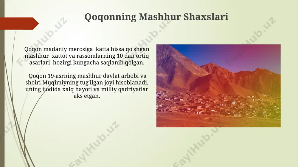 irish maqsadida, so'nggi 5 yil ichida 10 million aqsh dollaridan ortiq investitsiyalar jalb qilingan, bu esa yangi infratuzilma va xizmatlarni rivojlantirishga yordam bergan. qoqon shahrida 15 dan ortiq tarixiy obidalar mavjud bo'lib, ularning aksariyati turizm infratuzilmasi sifatida rivojlantirilgan va yillik 50 000 dan ortiq sayyohlarni jalb qiladi. qoqon haqida qiziqarli ma'lumotlar qoqon 18-asrda buxoro xonligiga qarshi kurashda muhim rol o'ynagan va o'zining mustaqil xonligi mavjud bo'lgan, taxminan 150 yildan ortiq davom etgan davrda rivojlangan yirik shahar hisoblanadi. qoqon shahrida 19-asr oxirida 100 mingdan ortiq aholi istiqomat qilgan, bu fergana vodiysidagi eng yirik shaharlar qatoriga kirishini bildiradi. shaharning savdo-sotiq hajmi ham juda yuqori bo'lgan. xonlik davri qoqoni qoqon xonligida 18-asrda 20 dan ortiq madrasa faoliyat yuritgan boʻlib, ularning aksariyati islom huquqi, astronomiya va tibbiyot kabi fanlarni oʻqitishga ixtisoslashgan. qoqon xonligi davrida shaharning mudofaa tizimi kuchli boʻlib, 7 kilometrlik devor, 12 ta darvoza va koʻplab minoralar bilan mustahkamlangan. qoqonning transport tizimi shahar …