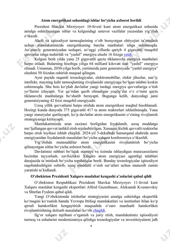 o‘tgan yili turizm xizmatlari eksporti 3,5 milliard dollar bo‘ldi. lekin mamlakatimizning salohiyati bundan ancha yuqori. masalan, malayziya va indoneziyalik musulmoqlar umraga borishdan oldin allomalarimiz qabrini ziyorat qilishni xohlaydi. ular uchun “umra plyus” xizmati yo‘lga qo‘yilishi belgilandi. samarqand, shahrisabz, buxoro, xiva va toshkentdagi turistik majmualarda xalqaro konsert va forumlar o‘tkazish ko‘pchilikni o‘ziga tortadi. tashrif buyuruvchilar mehmonxona, restoran, savdo va boshqa ko‘ngilochar maskanlarga ham mijoz bo‘ladi. ijtimoiy sohalarda ham imkoniyatlar ko‘p. masalan, o‘tgan yili “tibbiy xizmatlar mehmondo‘stligi” dasturi yo‘lga qo‘yilgan edi. bu xorijiy fuqarolarni davolash va eksportni oshirish uchun qulaylik. so‘nggi sakkiz yilda 125 ta yangi oliy ta’lim tashkiloti ochilgan. lekin bu sohadagi eksport imkoniyatlarga mutlaqo mos emas. yoki bo‘sh turgan ayrim madaniyat va san’at markazlarini ham xususiy sektorga berish mumkin. yig‘ilishda prezidentimiz mutasaddi va tadbirkorlar bilan muloqot qildi. soha mas’ullari bu yil hududlarda 2 million 500 ming aholini band qilish rejalari yuzasidan axborot berdi o‘zbekiston prezidenti yaponiya delegatsiyasini qabul qildi o‘zbekiston …