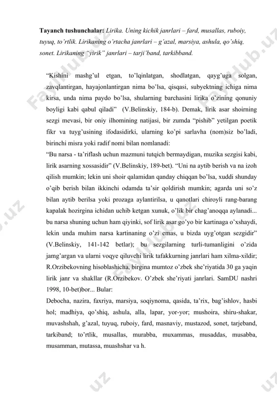 ix, bag’ishlov, hasbi hol; madhiya, qo’shiq, ashula, alla, lapar, yor-yor; mushoira, shiru-shakar, muvashshah, g’azal, tuyuq, ruboiy, fard, masnaviy, mustazod, sonet, tarjeband, tarkiband; to’rtlik, musallas, murabba, muxammas, musaddas, musabba, musamman, mutassa, muashshar va h. bularning hammasi ham o’zining muayyan janriy xususiyatlariga ega; katta – kichikligidan qat’i nazar bo’lishi mumkin bo’lgan hayotning barkamol va betimsol obrazini – san’atning buyuk asarlarini voqye qilgandirlar; ularning ba’zilarini o’rganishning o’ziyoq, mulohazalarimizni isbot etadi. a.lirikaning kichik janrlari fard(arabcha so’z bo’lib, yakka, yolg’iz, toq ma’nolarini beradi) “shoir tomonidan ma’lum mavzu va g’oyaviy maqsadda ijod qilingan mustaqil she’riy baytdir. fard bir bayt hajmidagi, shaklidagi she’riy asardir. unga berilgan janr atamasi ham baytning yakkaligiga asoslanadi. binobarin, baytning yakkaligi uning janriy belgisini ham anglatadi. shu nomning lug’aviy, istiholiy ma’nosida uning ixcham, o’ta mo’jaz she’r shakli ekanligi ham anglashib turiladi: qisqalik va siqiqlik unda chuqur mazmunni, pandu hikmat va donolikni ifodalashni taqozo etadi” (r.orzibekov. o’zbek she’riyati janrlari va poetikasi, ii kitob, samarqand, …