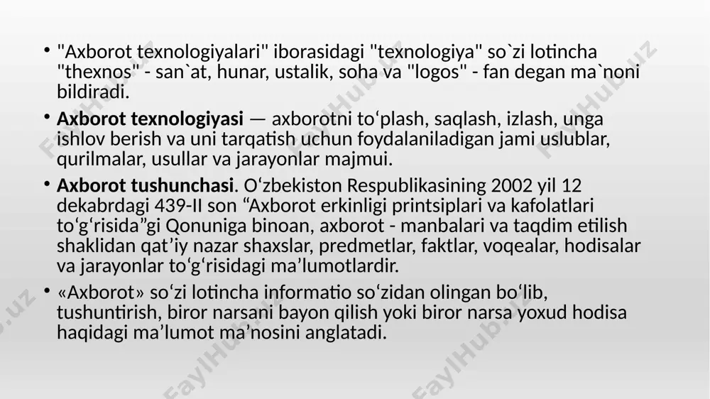 rajasi mutaxassislar va o'rta bo'g'inlar - bo'limlar boshliqlari va mutaxassislarning avtonom guruhlari (masalan, terapevtlar guruhi) ishini ta'minlash uchun mo'ljallangan. ushbu darajadagi texnologiya tibbiyot xodimiga ish yuritishni avtomatlashtirishni ta'minlaydi: kasallik tarixini yuritish, joriy voqealar va taqdimotlar uchun hujjatlarni tayyorlash, tibbiy muassasaning ma'lumotlar bazasiga kirish. uchinchi daraja - strategik. ushbu darajadagi asosiy vazifa - operativ nazorat va uzoq muddatli rejalashtirish asosida tibbiy muassasani boshqarishni optimallashtirish. strategik darajaning muhim afzalligi - bu murakkab, favqulodda va murosasiz vaziyatlarda qaror qabul qilishni ta'minlaydigan texnologiyalarning mavjudligi. ushbu darajada mahalliy va mintaqaviy darajadagi, ayrim hollarda esa butun mamlakatning to'liq va yaxshi tuzilgan ma'lumotlar bazalaridan foydalanish muhim ahamiyatga ega. 4. tibbiy masalalarni yechishda informatikaning ahamiyati tibbiy informatika - tibbiy va biologik tizimlardagi: axborot jarayonlarining qonuniyatlarini va axborot texnologiyalarini, tibbiy amaliyotga joriy etish usullarini o’rganadigan fan. tibbiy informatika fanining o‘rganish predmeti, tibbiy-biologik tizimlardagi axborot jarayonlari va tibbiy axborot texnologiyalari hisoblanadi. tibbiy informatika quyidagi asosiy maqsadlarga ega: 1. tibbiy va …