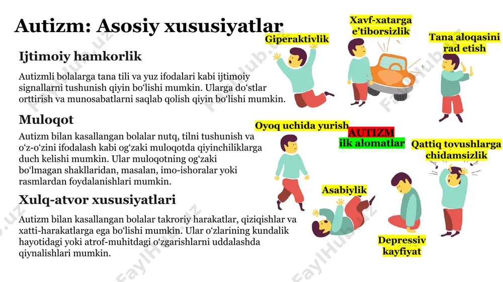 rdagi terapiya ko‘nikmalarni rivojlantirishga yordam beradi. ta’lim maxsus ta’lim dasturlari, individual o‘quv rejalari va moslashtirilgan o‘quv muhiti qo‘llab-quvvatlashni ta’minlaydi. oila oilalarni qo‘llab-quvvatlash, xavfsiz va rag‘batlantiruvchi muhitni yaratish, shuningdek, tushunish va qabul qilish muhimdir. yodda tuting: autizm inson kimligining bir qismidir. autizmga chalingan har bir inson o‘ziga xos bo‘lib, barcha uchun inklyuziv muhitni yaratish muhimdir. image1.jpeg image2.jpeg image3.jpeg image4.jpg image5.jpeg image6.png image7.png image8.jpeg image9.jpeg image10.jpeg image11.png image12.png image13.png image14.jpeg image15.jpeg image16.jpeg image17.png image18.png /docprops/thumbnail.jpeg