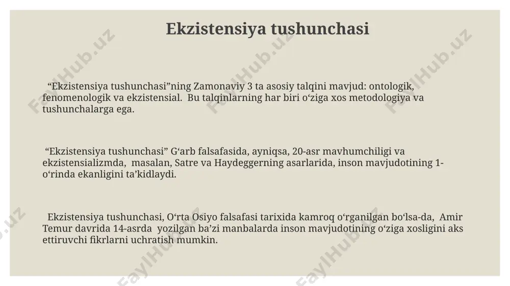 fakkirlar, "haqiqat" va "mohiyat" tushunchalarining nisbiyligini ta'kidlab, ekzistensiya va essensiyaning aniq chegaralarini rad etadilar. essensiya tushunchasi “essensiya” tushunchasining rivojlanishi, 13-asrda samarqanddagi madrasalarda o‘qitilgan mantiq va metafizika darsliklarida 3 ta asosiy yo‘nalishda kuzatilgan: nominalizm, realizm va konseptualizm. “essensiya” tushunchasi, 11-asrda ibn sinoning asarlarida keng muhokama qilingan bo‘lib, uning falsafiy ta’limotida markaziy o‘rin egallagan va butun yaqin sharq falsafasiga ta’sir ko‘rsatgan. aristoteldan farqli ravishda, ibn sina “essensiya”ni 2 ta asosiy kategoriyaga ajratgan: “mavjudlik” va “mohiyat”, bu esa keyinchalik o‘rta osiyo va evropa falsafasida muhim rol o‘ynagan. xulosa va xulosalar aristotelning "metafizika" asarida keltirilgan 5 ta toifaning mavjudlik va mohiyatga taalluqliligini koʻrsatish uchun 19-asr germaniyasi faylasuflarining 3 ta asosiy fikrini solishtirish samarali boʻladi. mavzu boʻyicha 3 ta asosiy fikrni, ya’ni mavjudlik va mohiyatni 15-asr oʻrta osiyo falsafasi, xususan, buxoro maktabi vakillarining 2 ta asosiy nazariyasi orqali tahlil qilish mumkin. mavjudlik va mohiyat masalasini 20-asr oxiri va 21-asr boshlarida dunyoning turli burchaklarida, jumladan, aqsh …