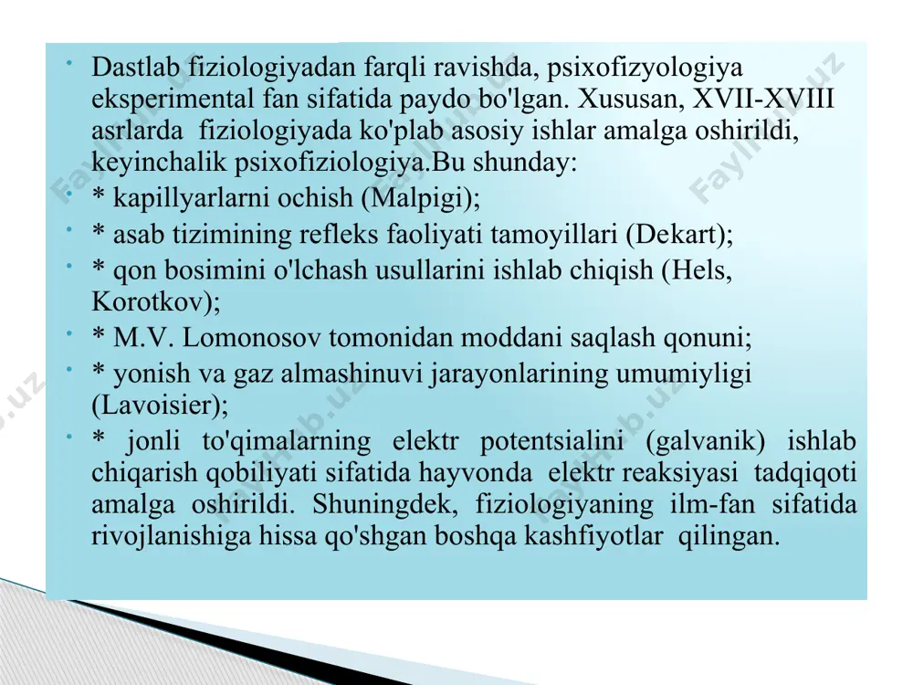,eshitish,taktil va proprioseptiv sezuvchanlik farqini aniqlash; - mushak kuchi haqida; - oddiy va murakkab sensorimotor reaktsiya vaqti va boshqalar. ushbu laboratoriyada har bir kishi o'z qobiliyatlarini baholash uchun juda ramziy to'lov uchun tekshirilishi mumkin. ushbu usullar yordamida dastlabki antropofizyologik va psixofizyologik jarayonlar sohasidagi individual farqlar bo'yicha birinchi sistematik natijalar olingan. shu bilan birga, insonning jismoniy rivojlanishini baholashning ko'plab yondashuvlari va galton tomonidan tavsiya etilgan baholash usullari hozirgi kunga qadar o’z qiymatini yo’qotganicha yo’q. ko'p yillik tadqiqotlar natijasida kettell o'zining laboratoriyasining xodimlari bilan birgalikda "aqliy testlar" deb nomlangan vazifalar to'plamini ishlab chiqdi va ularni " intellekt fiziologiyasi"deb ataladi. bunday psixofizyologik testlar 50-ta dan ko'proq edi va ular diqqat, xotira, psixofiziklik va boshqa bir qator xususiyatlarni o'rganishga qaratilgan edi. psixofizyologiyaning jadal rivojlanishi olimlar tomonidan sanoat va xizmat ko'rsatish sohasidagi kadrlarga bo’lan ehtiyoj tufayli kun tartibidagi asosiy muammoga aylanishi natijasida,ingliz, nemis va amerikalik olimlarning sa'y-harakatlari psixotexnikani rivojlantirdi va insonning fiziologik xususiyatlarini texnikani boshqarishdagi …