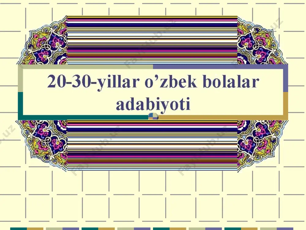 ening tuyg‘ularim» kabi she’rlarida shoirning dunyoqarashi gavdalanadi. sultоn jo’rа o’zbek bolalar adabiyotining taniqli vakillaridan biri, pedagog, jangchi-shoir sulton jo’ra 1910 yilning 15 yanvarida buxoro viloyati shofirkon tumanining qag’altom qishlog’ida kambag’al dehqon oilasida dunyoga keladi. yetti yoshidan ota-onadan yetim qolgan sulton har kimning eshigida xizmat qildi. u dastlab boshlang’ich maktabda o’qib, so’ng 1924 yilda buxoroga keldi va bu yerda erlar pedagogika bilim yurtida o’qib, uni 1930 yilda tugatdi. sulton jo’ra 1931-38 yillarda buxoro rabfagida, 1938-41 yillarda andijondagi o’qituvchilar ilmgohi va pedagogika bilim yurtida til va adabiyotdan dars berdi. zafar diyor hayoti va ijodi hozirgi zamon o’zbek bolalar adabiyotini zafar diyorsiz tasavvur qilish qiyin. uning she‘r, qo’shiq, doston, hikoya va pesalari yosh kitobxonga katta estetik zavq-shavq bag’ishlab kelmoqda. kata iste‘dod egasi zafar diyor 1912 yilda namangan viloyatining hozirgi chust tumani, samsoqtepa qishlog’ida kambag’al dehqon oilasida tug’ildi.1916 yilda zafarlar oilasi toshkent shahriga kuchib keladi. zafarning otasi dalada, onasi esa bosmaxonada mehnat qiladilar. 1927 …