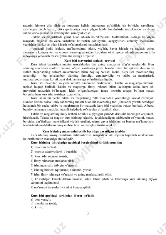h. kurs ishi mavzusini tanlash jarayoni kurs ishini bajarishda muhim masalalardan biri uning mavzusini to’g’ri aniqlashdir. kurs ishining mavzulari mazkur fanning o’quv vazifasiga javob berishi bilan bir qatorda ilm-fan va ishlab chiqarishning dolzarb muammolari bilan bog’liq bo’lishi lozim. kurs ishi mavzularining amaliyligi - bu avvalambor ularning ilmiyligi, zamonaviyligi va talaba va magistrlarda mustaqilijodiy ishga ko’nikmani shakllantirishga yo’naltirilganligidir. kurs ishi mavzulari ro’yxati kafedra tomonidan tasdiqlanadi. talaba va magistrga mavzuni tanlash huquqi beriladi. talaba va magistrga, ilmiy rahbari bilan kelishgan xolda, kurs ishi mavzulari ruyxatida bo’lmagan, lekin o’rganilayotgan fanga bevosita aloqasi bo’lgan mavzu bo’yicha ham kurs ishi yozishga ruxsat etiladi. kurs ishini bir necha talaba va magistrning bitta mavzudan yozishlariga ruxsat etilmaydi. bundan istisno holda, ilmiy rahbarning ruxsati bilan bir mavzuning turli jihatlarini yoritib beradigan holatlarda bir necha talaba va magistrning bir mavzuda kurs ishi yozishiga ruxsat beriladi. albatta, bunday tanlangan mavzular tegishli kafedrada ro’yxatdan o’tkazilishi shart. talaba va magistrning ilmiy rahbari …