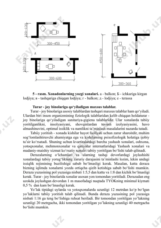 gorizont tomonlari; б –namaqbul orientatsiya; в - ma’qul orientatsiya. xonalardagi mikroiqlimning holatiga, ya’ni havoning temperaturasi, nisbiy namligi, harakatlanish tezligi va tozalik darajasiga qo‘yiladigan talablar ham juda muhim. yashash xonalaridagi havoning temperaturasi 18-20 °s atrofida, nisbiy namligi 50-60 % orasida bo‘lishi kishi organizmi uchun optimal muhit hisoblanadi. kvartiralarda har xil hidlar, gazlar, ortiqcha namlik ajralib chiqishi mumkin. havo muhitining tozalanib turishiga havoni almashtirish yo‘li bilan erishiladi. yashash xonalari uchun u 3 m3/soatni (1 m2 uchun), oshxona uchun 60m3/soatni, alohida xonalarda joylashgan vanna va hojatxona uchun 25 m3/soatni, ular bir xonada joylashgan bo‘lsa 50 m3/soatni tashkil qilishi kerak. turar - joy binolarining xonalarini gigiena talablari bo‘yicha zarur bo‘lgan hajmda toza havo bilan ta’minlash shartidan, shuningdek iqtisodiy va me’moriy talablardan kelib chiqqan holda, ulardagi qavatlarning balandligi belgilangan. o‘zbekistonda bu ulcham i va ii - iqlimiy zonalarda 3,3m va iii - zonadz 3 m qabul qilingan. balandligi 5 qavat va undan ortiq bo‘lgan turar …