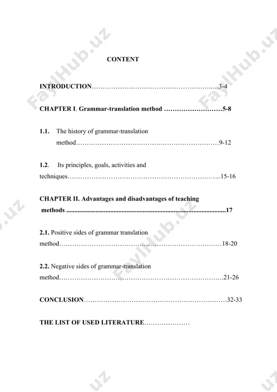 ts advantages and disadvantages, positive sides are more than negative sides, why should teachers use or not, it is effective and useful or useless. the aim of the coursework: the goal of this work is to explain benefits and drawbacks of grammar-translation method, its history, teachers’ goals, activities, techniques, characteristics and teachers’ and learners’ roles. the tasks of the coursework: the tasks reason for writing this coursework involve: · to research and find about grammar-translation method; · to analyze its advantages and disadvantages, and then to notice which ones are more; · to learn how to use it correctly. the theoretical practical value of the coursework: during the writing of my coursework, i used a number of books, articles, journals and visited several websites to find persuasive information to enrich my work. the results of this work can be used in english literature lessons based on this theme. the structure …