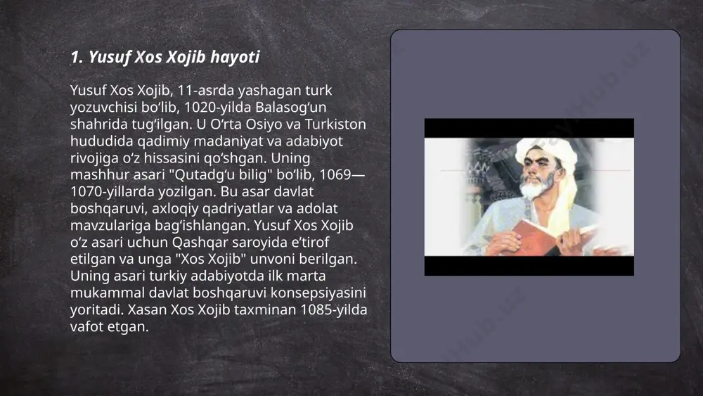ydai_bot "qutadgʻu bilig" yusuf xos hojib tomonidan yozilgan, xi asrda yaratilgan muhim asar bo'lib, axloq va odob masalalarini keng yoritadi. asarda boshqaruv, davlat ishlari, insoniy fazilatlar va hayotiy naqshlar haqida hikoya qilinadi. yusuf xos hojib axloqiy risolalar orqali adolat, dono maslahatlar va to'g'ri hayot yo'nalishlarini keltirib, insonlarning jamiyatda qanday yashashi kerakligini ko'rsatadi. 200-dan ortiq masnaviy bandalar orqali qaror qabul qilishda axloqiy tamoyillar muhimligini tushuntiradi. asarning asosiy qahramonlari orqali axloqiy qadriyatlar va fazilatlar hamda davlat boshqaruvida halollik va adolat kabi masalalarni tahlil qiladi. ... t.me/slaydai_bot 7. ilm va bilimning o‘rni "qutadgʻu bilig"da "qutadgʻu bilig" o‘z davrining muhim asarlaridan biri bo‘lib, unda ilm va bilimning ahamiyati keng yoritilgan. ushbu asarda yusif xos hojib bilimni inson hayotida eng yuqori qadriyat sifatida ta’kidlaydi. bilim insonni to‘g‘ri yo‘lga boshlaydi va jamiyatda hurmat-e'tibor qozonishga imkon yaratadi. asarda ilm egasini davlat boshqaruvida mas'uliyatli shaxsga aylantirishi va odamlarga adolatli qarorlar chiqarishda yordam berishi haqida so‘z boradi. "qutadgʻu bilig" …
