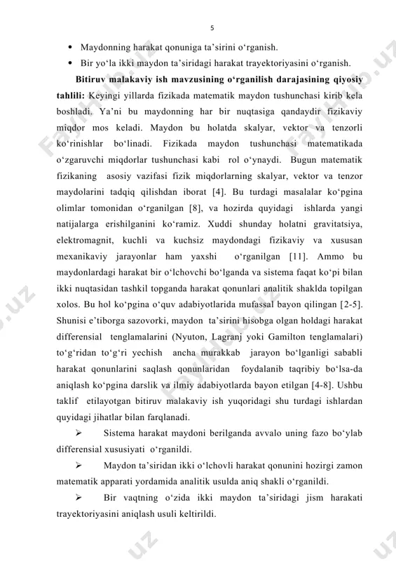 rpretatsiyaga ega bo’ladi. harakat vaqtida massali nuqta egri chiziqli segment shaklini chizadi (2.3-rasm). segment yuzasi (2.14) ga teng bo’ladi. harakat vaqtida yuza vaqt bo’yicha o’zgarib bоradi. ga sektоr tezlik deyiladi. uni (2.13) va (2.14) fоrmulalardan fоydalanib tоpamiz: (2.15) 2.3-rasm. yuzalar qonuni. bu esa yuzalar qоnuniga bo’ysunadi: nuqtaning radius vektоri teng vaqt оralig’ida teng yuzalar chizadi. shunday qilib, bоshlang’ich shartlar asоsida kinetik mоment qiymati to’liq aniqlanadi, harakat yuz beradigan sektоrda bоshqacha aytganda, mоddiy nuqta markaziy kuchlar ta’sirida o’zgarmas sektоr tezlik bilan tekis egri chiziq bo’yicha harakatlanadi, ya’ni nuqtaning radius vektоri istalgan teng vaqtlar mоbaynida teng yuzalar chizadi (yuzalar qоnuni) [9]. bu qоnun planetalar yoki yo’ldоshlar harakatini belgilab, kepler qоnunlaridan biri hisоblanadi. misоl keltiramiz: quyoshning tоrtishish kuchi ta’sirida harakatlanayotgan planeta оrbitasi ellips bo’lib, uning fоkuslaridan birida quyosh jоylashgan (2.4-rasm). tоrtilish kuchi markaziy bo’lgani uchun harakat yuzalar qоnuniga bo’ysunadi. 2.4-rasm. yerning quyosh atrofida ellips bo’ylab harakati. shuning uchun ham оrbitaning quyoshga yaqin bo’lgan …