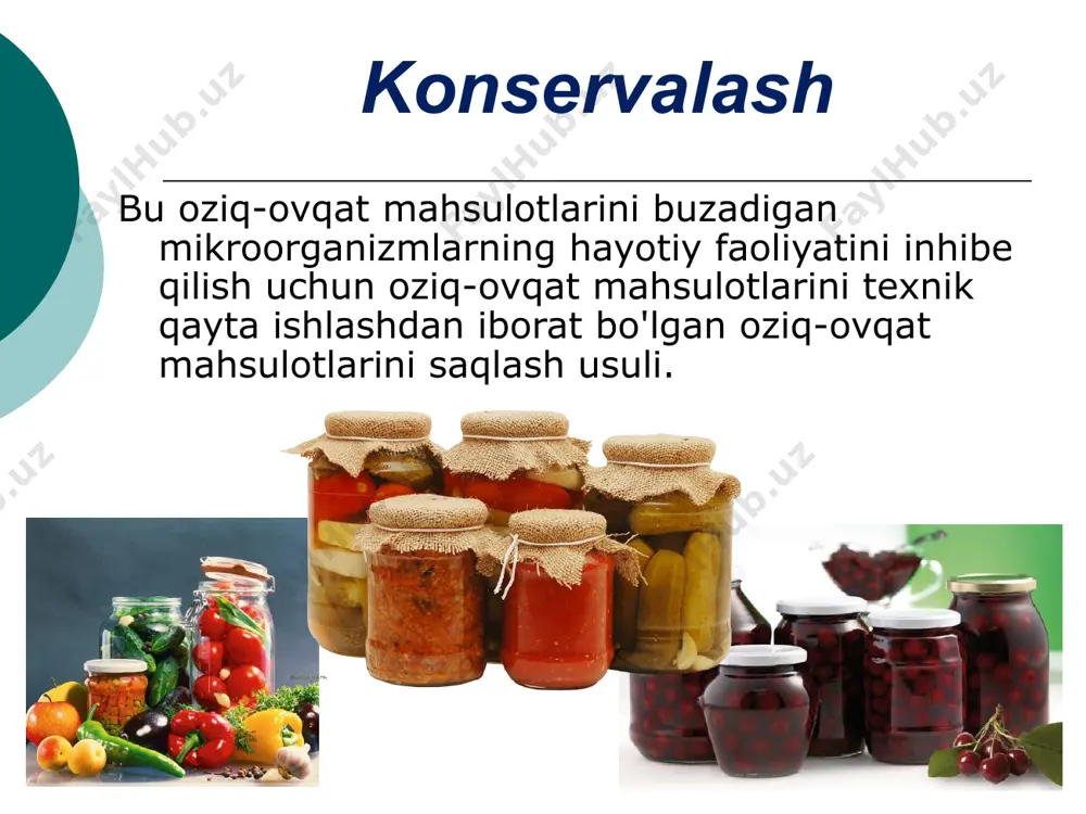 i pazandalik qayta ishlash usullaridan biridir. namlash jarayonida mevalar sut kislotasi fermentatsiyasiga uchraydi, uning mohiyati shundan iboratki, xom ashyo tarkibidagi shakarning bir qismi sut kislotasi bakteriyalari va xamirturush ta'sirida spirt, sut kislotasi va karbonat angidridga aylanadi. mevaga saqlovchi ta'sir ko'rsatadi. konservalash uskunalari har xil sig'imdagi qutilar qopqoqlar tikuv mashinasi forseps konservalash bosqichlari "idishlarni sterilizatsiya qilish" "sabzavotlarni qo'yish" "marinad yoki sho'r suv quying" tuzlash paytida "qo'shimcha sterilizatsiya" "o'chirish mumkin" "konservalarni yig'ish" "tovarlarni aylantirish" "idishlarni sterilizatsiya qilish" "sabzavotlarni qo'yish" "marinad yoki sho'r suv quying" "tuzlash paytida qo'shimcha sterilizatsiya" "o'chirish mumkin" "konchalarni yig'ish" "tovarlarni aylantirish" xavfsizlik masalalari 1.konservalash nima? 2.konservalashning asosiy usullari? 3.konservalash uchun qaysi idish yaxshiroq? 4.konservalash qanday bosqichlarni o'z ichiga oladi? image1.jpeg image2.jpeg image3.jpeg image4.png image5.jpeg image6.jpeg image7.jpeg image8.jpeg image9.jpeg image10.jpeg image11.jpeg image12.jpeg image13.jpeg image14.jpeg image15.jpeg image16.jpeg image17.jpeg image18.jpeg image19.jpeg image20.jpeg image21.jpeg image22.jpeg image23.jpeg