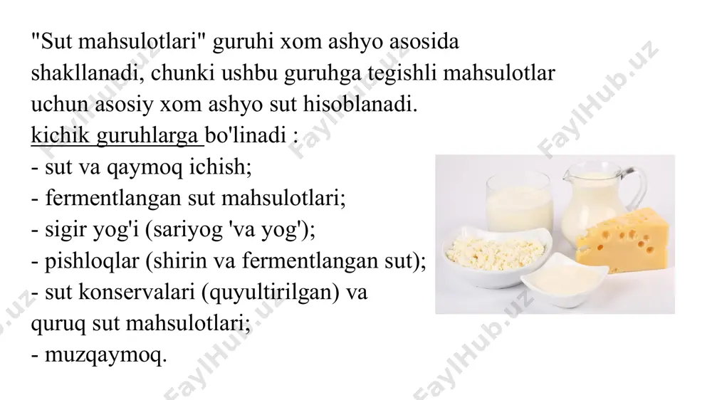 , fosfataza, katalaza, laktaza va lipaz kabi fermentlar mavjud. sut tarkibida vitaminlar mavjud : yog'da eriydigan (a, d , e, k) va suvda eriydigan (b 1 , b 2 , b 3 , b 6 , b 12 , pp, c, h-biotin), foliy kislotasi. sutning kimyoviy tarkibi bakteritsid moddalar - immunitet tanalari sutga kiradigan mikroorganizmlarga halokatli yoki bostiruvchi ta'sir ko'rsatadi. gormonlar murakkab biokimyoviy jarayonlarning regulyatori bo'lib, alohida organlar o'rtasida aloqa qiladi. rang beruvchi moddalar - karotin, xlorofill, ksantofill sutga ozuqadan kiradi. suv miqdori mahsulotning fizik holatini, undagi fizik-kimyoviy va biokimyoviy jarayonlarni belgilaydi; ichimlik sutini ishlab chiqarishning texnologik sxemasi - qabul qilish - normalizatsiya - gomogenizatsiya - issiqlik bilan ishlov berish - shishaga quyish - qopqoqlash - belgilash - saqlash - transport - amalga oshirish pasterizatsiya qilishning mohiyati sut mikroorganizmlarini 15-20 s davomida 74 0 s gacha qizdirish orqali qisman yo'q qilishdir. sutning tarkibi o'zgarmaydi. saqlash vaqtida sutning barqarorligini oshirish uchun …