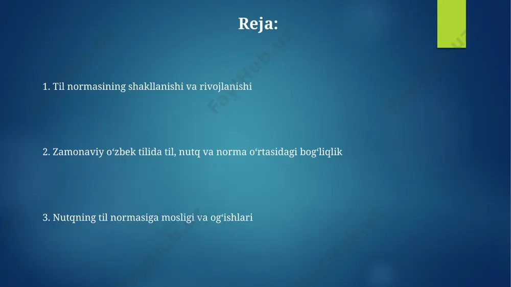 ini aks ettiradi. zamonaviy oʻzbek adabiy tili normasining ogʻzaki nutqdagi aks etishi taxminan 85-90% ni tashkil etadi, qolgan qismi esa dialektal va shevalar xususiyatlariga bogʻliq. zamonaviy o'zbek tilining normaviy holati va istiqbollari zamonaviy oʻzbek adabiy tilining normada qoʻllanilishi 70-80% atrofida boʻlib, dialektal xususiyatlarning taʼsiri tobora kamayib bormoqda. oʻzbek tilining normativ lugʻatlarida 60 000 dan ortiq soʻz mavjud boʻlib, ularning semantik maydonlari va stilistik xususiyatlari aniq belgilangan. adabiy til normasining shakllanishi va rivojlanishi adabiy til normasining rivojlanishiga lug'atlar, grammatik qo'llanmalar va tilga oid 100 dan ortiq ilmiy tadqiqotlar katta hissa qo'shgan, ular tilning boyligini aks ettiradi. adabiy til normasining shakllanishi 20-asr boshlarida, yozma adabiyotning rivojlanishi bilan birga, turli lahjalarning o'zaro ta'siri natijasida boshlangan va 3 ta asosiy bosqichdan o'tgan. e'tiboringiz uchun rahmat @taqdimot_robot image6.jpg image7.jpg image8.jpg image9.jpg image10.jpg image11.jpg image12.jpg image2.png image3.png image4.png image5.png