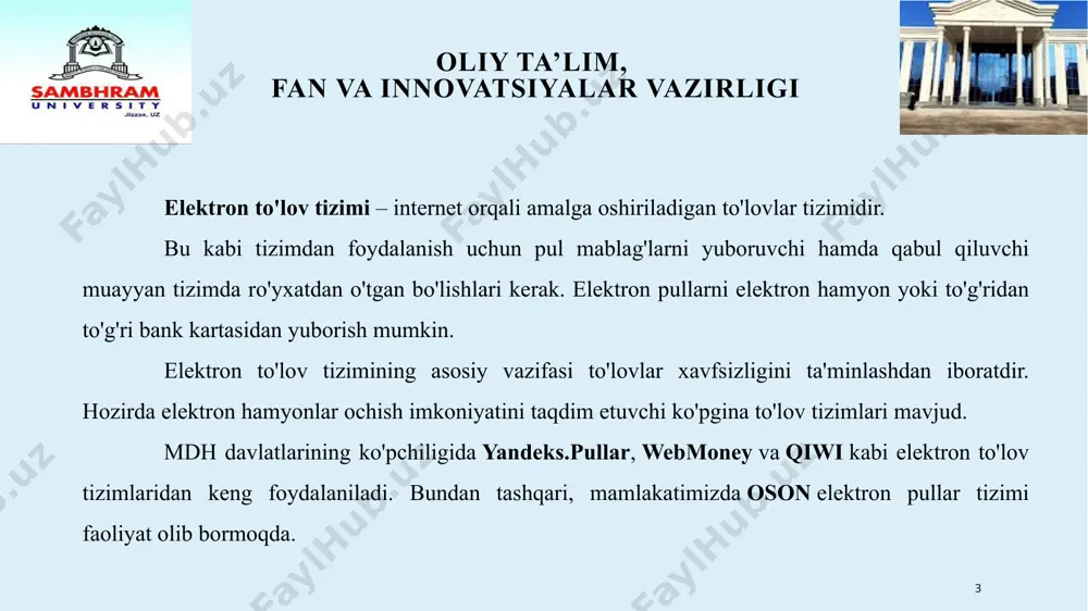 orat. plastik karta bilan to'lovni amalga oshirayotganda, maxsus terminal xaridorning pul mablag'larini o'z bankiga o'tkazish to'g'risida so'rov yuboradi va u erdan kerakli miqdorni sotuvchining hisobiga o'tkazadi. barcha hisob-kitoblar real vaqt rejimida amalga oshiriladi va 10 soniyadan oshmaydi. davlat ichida, kredit muassasasi ichida va davlatlar o'rtasidagi pul muomalasini boshqaruvchi ko'plab to'lov tizimlari mavjud. internet orqali to'lovlarni amalga oshirish uchun elektron to'lov tizimlari ham mavjud. 8 oliy ta’lim, fan va innovatsiyalar vazirligi mamlakatimizda eng mashhurlari visa yoki mastercard. asosiy global tizimlar, shuningdek, american express, diners club va jcb. viza viza to'lov tizimi amerikada o'tgan asrning 60-yillarida paydo bo'lgan. shu sababli, visa to'lov tizimining o'ziga xos xususiyatlaridan biri shundaki, u dollar valyutasidagi operatsiyalarga yo'naltirilgan. to'rt turdagi kartalar mavjud - debet kartalari, kredit kartalari, to'lov kartalari va oldindan to'langan kartalar, ular bir- biridan zaryadlashda farq qiladi. bu dunyodagi eng mashhur plastik kartalar turlaridan biri. maxsus kod - egasining shaxsini tasdiqlovchi pin kod yordamida xaridlarni …