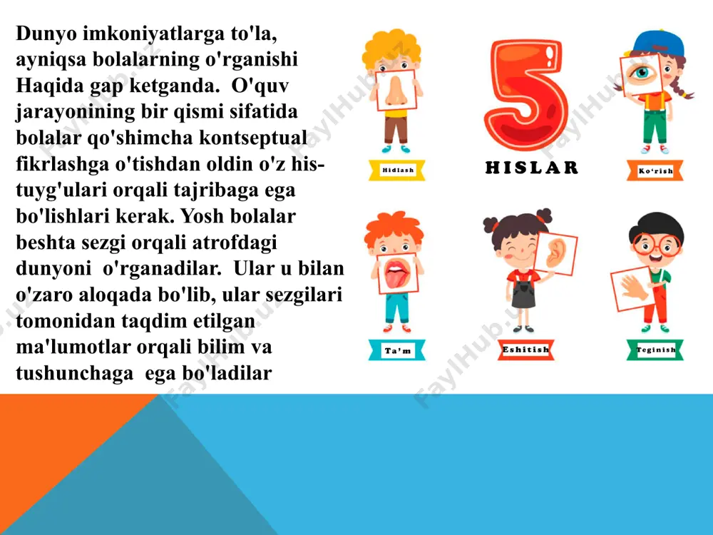sezish” qobilyatlarini shakllantirishda sensor tarbiya muhim o’rin tutadi. sensor tarbiyani qo’llashdan maqsad - maktabgacha tarbiya yoshdagi bolalarning har jabhada qobilyatlarini shakllantirish, o’stirish, yuksaltirishga qaratilgandir. ma’lumki, bolalarda idrok qilish sezish natijasida aqliy harakatlar , narsa va hodisalarning analiz hamda sentez qilish , umumlashtirish , yaxlitlash hodisasi yuzaga keladi. bu esa bilish qobilyatining zarur sharti hisoblanadi. ilk va maktabgacha yoshdagi bolalarni buyumlarning shakli, katta –kichikligi va rangi bilan tanishtirish hamda ularda bu xossalarni to’g’ri idrok qilish ko’nikmalarini rivojlantirish masalasi sensor tarbiya sohasiga kiradi. bu tarbiya qanchalik to’g’ri hal qilinsa , bolalarning faqat aqliy tarbiyasiga emas, estetik, jismoniy, va xatto axloqiy tarbiyasi ham shunchalik ahamiyatli bo’ladi. masalan: bir yarim yashar bola devorning balandligini ko’rib, sakrash mumkinmi yo’qmi anglay oladimi? yo bo’lmasa, ikki yashar bola daraxtni bargalarini shakli va rangiga qarab farqlay oladimi? bir yashar bola kubiklarni ustma –ust qo’yib taxlay oladimi? bularning hammasi ma’lum darajada bolaning idrok qilishning qanchalik rivojlanganligiga bog’liqdir. xulosa qilib …