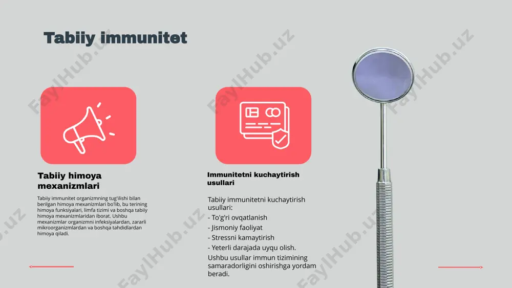 ib, zararlanuvchi agentlarni neytrallashtirishga yordam beradi, bu esa kasalliklarga qarshi kurashda samarali bo'ladi. immun tizimi va kasalliklar immun tizimining kamchiliklari organizmni turli kasalliklarga nisbatan zaiflashtiradi. autoimmun kasalliklar, masalan, qandli diabet va revmatoid artrit, immun tizimining o'z hujayralariga qarshi kurashi natijasida yuzaga keladi. allergiya esa immun tizimining odatiy allergenlarga haddan tashqari javob berishi natijasida kelib chiqadi, bu esa nafas olish qiyinchiliklari va teri reaktsiyalariga olib kelishi mumkin. autoimmun kasalliklar va allergiyalar immun tizimining muhim muammolaridan hisoblanadi. photo by getty images on unsplash immun tizimini mustahkamlash ovqatlanishning ahamiyati sog'lom ovqatlanish immun tizimini kuchaytirish uchun zarur. vitaminlar va minerallar bilan boyitilgan oziq-ovqatlar, masalan, sabzavotlar va mevalar, immunitetni yaxshilashga yordam beradi. jismoniy faoliyatning roli doimiy jismoniy faoliyat immun tizimini mustahkamlashga yordam beradi. sport bilan shug'ullanish qon aylanishini yaxshilaydi va stressni kamaytiradi, bu esa immunitetni oshiradi. stressni boshqarish usullari stressni boshqarish immun tizimini mustahkamlashda muhim ahamiyatga ega. meditatsiya, yoga va to'g'ri nafas olish texnikalari stressni …