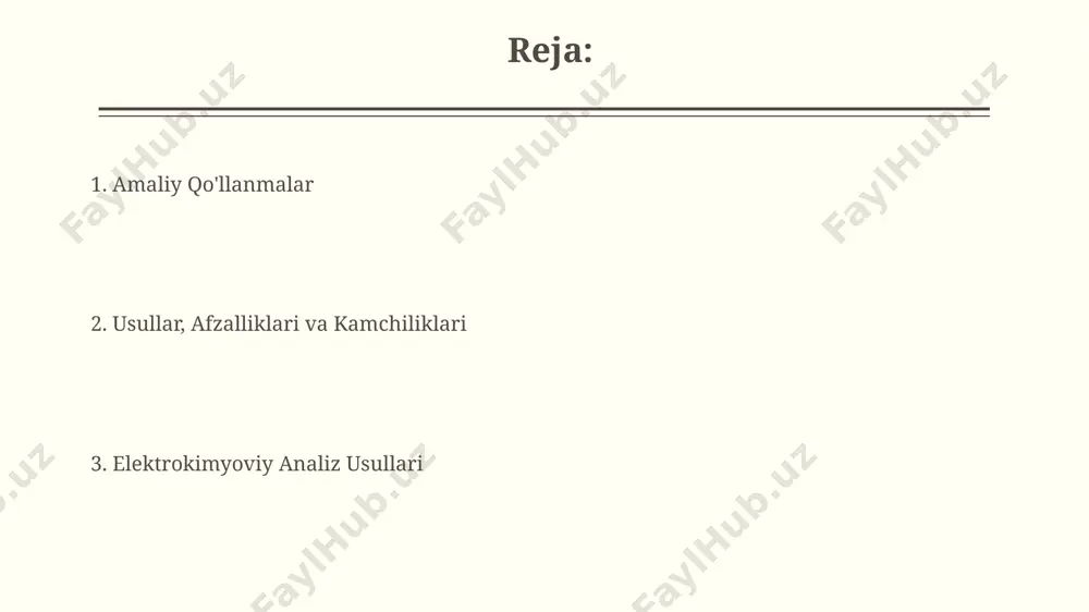 ya va pul’s voltamperometriyasi, tahlil qilinadigan moddaning konsentrasiyasi va elektrokimyoviy xususiyatlarini aniqlash imkonini beradi, aniqlik darajasi 10-6 m gacha yetishi mumkin. ushbu usul yordamida 10-9 dan 10-3 m gacha bo‘lgan konsentrasiyadagi ionlarni aniqlash mumkin, shu bilan birga, elektrod materialining turi va elektrolitning tarkibi tahlil natijalariga sezilarli ta’sir ko‘rsatadi. kulonometriya usuli kulonometriyaning asosiy afzalliklaridan biri bu uning keng dinamik diapazoni bo'lib, 10⁻⁹ dan 10⁻¹ mol/l gacha bo'lgan konsentratsiyalarni o'lchash imkonini beradi. ushbu usulda 10⁻⁶ mol miqdoridagi moddalarni aniqlash mumkin, bu esa uni juda sezgir va keng qo'llaniladigan elektrokimyoviy analiz usuliga aylantiradi. elektrokimyoviy tahlilning afzalliklari va kamchiliklari elektrokimyoviy usullar keng ko'lamli qo'llanilishga ega (100 dan ortiq ionlarni aniqlash mumkin), ammo aralashuvchi ionlarning ta'siri sezilarli bo'lishi mumkin. usulning asosiy afzalliklaridan biri – analizning tezligi va avtomatlashtirish imkoniyati, ammo ba'zi elektrodlarning qimmatligi va xizmat muddatining cheklanganligi mavjud. e'tiboringiz uchun rahmat @taqdimot_robot image2.jpg image3.jpg image4.jpg image5.jpg image6.jpg image7.jpg image8.jpg