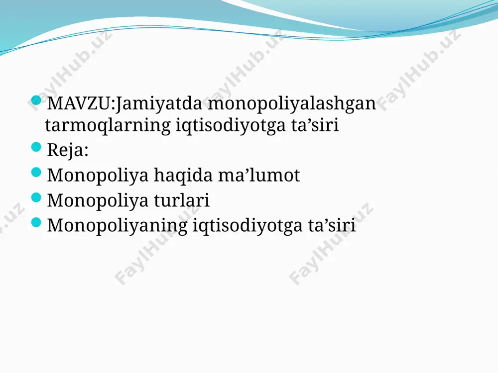 n mahsulotlar iste’molini boshqa turdagi mahsulotlar bilan almashtirib bo’lmaydi. legal (qonuniy) monopoliya - bu qonuniy tarzda tashkil etiluvchi monopolistik holat. ular tarkibiga raqobatdan himoya qiluvchi quyidagi monopoliya shakllarini kiritish mumkin: 1) patent tizimi - bu ixtirochi va mualliflar tomonidan yaratilgan ixtirolar, foydali modellar, sanoat namunalarini tasdiqlovchi, hamda ularga mutloq huquqni taqdim etish tizimi. bu jarayon maxsus guvohnomalar - patentlar orqali amalga oshiriladi; 2) mualliflik huquqi - ilmiy, badiiy va san’at asarlari, ijro san’ati fonogrammalari, ko’rsatuvlar, efir to’lqini yoki kabelь orqali tasvir uzatish kabilarni yaratish va ulardan foydalanish munosabatlarini qonuniy tarzda tartibga solish shakli. mualliflik huquqi faqat mualliflar tomonidan o’z mahsulot larini ma’lum vaqtga yoki butunlay sotish, ulardan nusxa olish va ko’paytirishga ruxsat berish imkonini ta’minlaydi; 3) tovar belgilari - bu savdo belgilari, nishonlari, maxsus ramzlari, nomi va boshqalarni ro’yxatga olish, huquqiy jihatdan himoya qilish va ulardan foydalanish bo’yicha paydo bo’lgan munosabatlarni qonuniy tarzda tartibga solish shakli. sun’iy monopoliya - monopol …