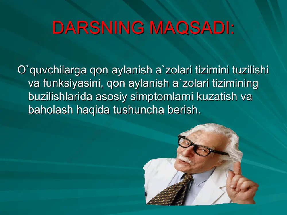 ismi, ya'ni o’ng qorinchadan o’pka arteriyasining chiqish joyidan to o’pka venasining chap bo’lmachaga quyilish joyigacha bo’lgan qismi kichik qon aylanish doirasi deyiladi. tomirlar tizimining qolgan qismi, ya'ni aorta va uning tarmoqlaridan tortib to ustki va kovak venalargacha bo’lgan qismi katta qon aylanish doirasi deb ataladi. yurakning qisqarishi sistola, bo’shashishi esa diastola deb ataladi. sistola diastolaga qaraganda ancha qisqa davom etadi. diastolaning muddati yurak qisqarishlari tezligiga qarab o’zgarib boradi. meyorga ko’ra yurak minutiga 60—80 marta qisqaryb turadi. yurak o’zining qisqarishi uchun impulslarini o’zi ishlab chiqarib boradi, ya'ni u avtomatizm xususiyatiga egadir. u har safar qisqarganda normada 50—70 ml qonni otib chiqaradi, bu sistolik hajmni tashkil etadi. yurakning minutlik hajmi 1 minut davomida yurak otib chiqaradigan qon miqdori hisoblanadi. odam tinch turganida u 3,5—5 litrni tashkil etadi. qon aylanish tizimida kuzatiladigan o’zgarishlar qon aylanish tizimida quyidagi o’zgarishlar kuzatiladi: 1) yurak o’ynashi, 2) uning to’xtab-to’xtab urishi (aritmiya), 3)yurak sohasida og’riq, 4)hansirash. nafas qisishi …