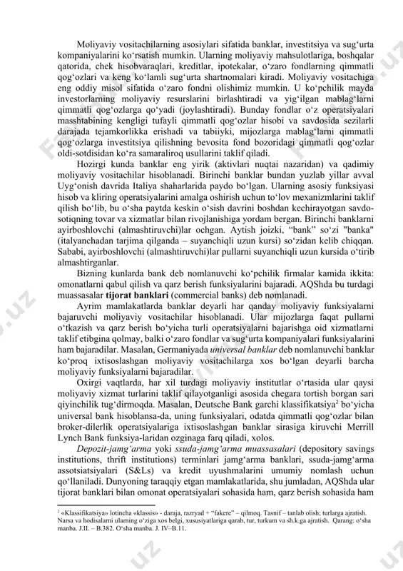 abiiyki, mijozlarga mablag‘larni qimmatli qog‘ozlarga investitsiya qilishning bevosita fond bozoridagi qimmatli qog‘ozlar oldi-sotdisidan ko‘ra samaraliroq usullarini taklif qiladi. hozirgi kunda banklar eng yirik (aktivlari nuqtai nazaridan) va qadimiy moliyaviy vositachilar hisoblanadi. birinchi banklar bundan yuzlab yillar avval uyg‘onish davrida italiya shaharlarida paydo bo‘lgan. ularning asosiy funksiyasi hisob va kliring operatsiyalarini amalga oshirish uchun to‘lov mexanizmlarini taklif qilish bo‘lib, bu o‘sha paytda keskin o‘sish davrini boshdan kechirayotgan savdo-sotiqning tovar va xizmatlar bilan rivojlanishiga yordam bergan. birinchi banklarni ayirboshlovchi (almashtiruvchi)lar ochgan. aytish joizki, “bank” so‘zi "banka" (italyanchadan tarjima qilganda – suyanchiqli uzun kursi) so‘zidan kelib chiqqan. sababi, ayirboshlovchi (almashtiruvchi)lar pullarni suyanchiqli uzun kursida o‘tirib almashtirganlar. bizning kunlarda bank deb nomlanuvchi ko‘pchilik firmalar kamida ikkita: omonatlarni qabul qilish va qarz berish funksiyalarini bajaradi. aqshda bu turdagi muassasalar tijorat banklari (commercial banks) deb nomlanadi. ayrim mamlakatlarda banklar deyarli har qanday moliyaviy funksiyalarni bajaruvchi moliyaviy vositachilar hisoblanadi. ular mijozlarga faqat pullarni o‘tkazish va qarz berish …
