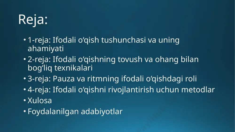 ilarning diqqatini ushlab turadi ritm esa matnning jonlilik darajasini oshiradi, nutqni bir xilda qilmaysiz, balki hissiyotlarga boy qiladi. o‘qituvchi o‘quvchilarga pauza va ritmni o‘rganishda misollar ko‘rsatishi, ular bilan mashq qilishi zarur. bu texnikalar ifodali o‘qishni yanada ta’sirchan qiladi. 4-reja: ifodali o‘qishni rivojlantirish uchun metodlar ifodali o‘qish ko‘nikmasini rivojlantirish uchun o‘qituvchilar turli metod va usullardan foydalanadilar. ularga o‘qish mashqlari, dramatizatsiya, nutq mashqlari, rol o‘ynash, matnni tahlil qilish kiradi. o‘quvchilarni muntazam ravishda turli janrlardagi matnlarni ifodali o‘qishga jalb qilish kerak. ovoz va intonatsiyani nazorat qilish, pauza va ritmni boshqarish bo‘yicha maxsus mashqlar o‘tkaziladi. shu bilan birga, o‘quvchilarning o‘z nutqini yozib, tahlil qilishlari ham foydalidir. bu usullar o‘quvchilarning ifodali o‘qish mahoratini oshirishga xizmat qiladi. xulosa: ifodali o‘qishni rivojlantirish metodlari o‘quvchilarning nutq madaniyati va kommunikativ ko‘nikmalarini mustahkamlaydi. muntazam mashqlar va turli metodlardan foydalanish orqali o‘quvchilar ifodali o‘qishni o‘zlashtiradilar. bu jarayon o‘qituvchi nazorati ostida amalga oshirilishi muhim. dramatizatsiya va rol o‘yinlari orqali o‘quvchilar nutqni yanada …