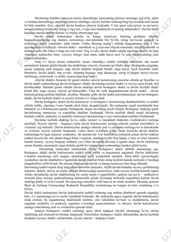 onidan amalga oshiriladigan davlat faoliyatidan farqlash ham zarur. masalan, jinoyat ishlarini tergov qilish, bojxona nazoratini amalga oshirish davlat faoliyatining turlari jumlasiga kiradi. bu faoliyatlar maxsus tashkil etilgan maxsus davlat organlari tomonidan amalga oshiriladi. 5. davlat funksiyalari bu funksiyalarni ro‘yobga chiqarishning shakllari va uslublari bilan aynan bir narsa emas. huquq ijodkorligi, ijroiya-farmoyish berish va huquqni muhofaza qilish faoliyati – hozirgi zamon davlati funksiyalarini amalga oshirishning asosiy huquqiy shakllari hisoblanadi. davlat taraqqiyotning u yoki bu bosqichida o‘z oldida turgan vazifalarga muvofiq ishontirish, rag‘batlantirish yoki majbur etishning turli vositalaridan foydalanishi mumkin. davlatning aniq funksiyasi esa, davlat hokimiyatini amalga oshirishning mazmuni, shakli va uslublari davlat faoliyatining muayyan yo‘nalishi bilan uzviy bog‘liqdir. davlat funksiyalari o‘z mohiyat-e’tiboriga ko‘ra obyektiv xususiyatga ega. uning har bir funksiyasi jamiyat va davlat o‘zaro hamkorligining, munosabatlarining zaruriy, qonuniy hosilasi sifatida maydonga chiqadi. shu bois u yoki funksiyani bajarish yoki bajarmaslik davlatning ixtiyoriy xohishiga bog‘liq emas. masalan, davlat o‘zining huquqni muhofaza etish, …