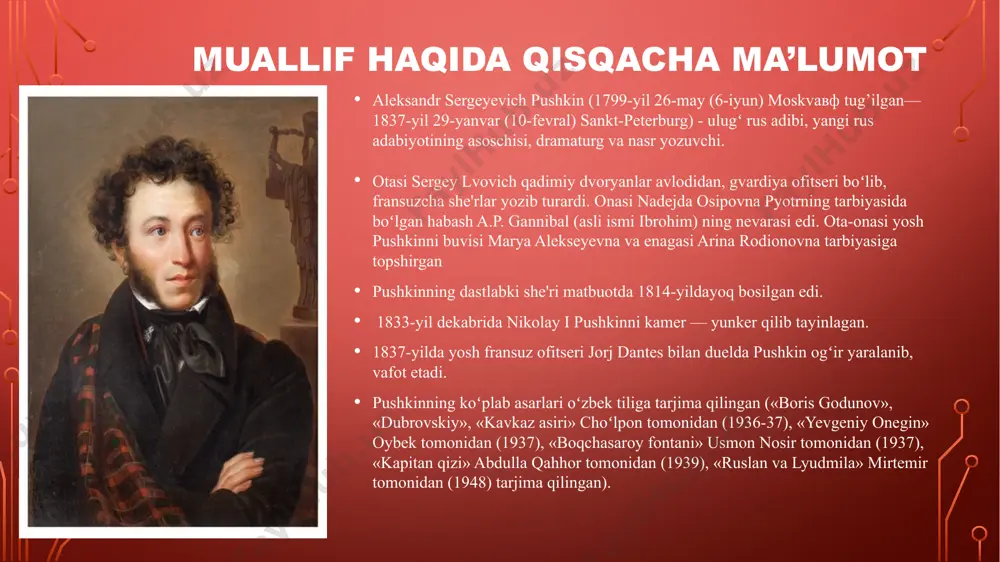 lar va mavzular kulamini chegaralashning har qanday kurinishini rad etuvchi, fikr bilan tuygʻuni, haqiqatni tadqiq etish bilan "jonli tasavvur"ni oʻzaro uygʻunlashtirishga asoslangan realistik ti-zimni ishlab chiqdi. romanlari: «erkinlik» (1817, oda), «chaadaevga» (1818) «qishloq» (1819) «hanjar» (1821) «qur’onga taqlid» «andrey shene» «19 oktyabr» «stenka razin haqida qoʻshiq» «sibirga maktub» «armon» kabi she’rlari «ruslan va lyudmila» «kavkaz asiri» (1820-21) «aka-uka qaroqchilar» (1821-22) «boqchasaroy fontani» (1823) «graf nulin» «poltava» «mis chavandoz» (1833) «gavriiliada» (poema) «yevgeniy onegin» (she’riy roman) «buyuk pyotrning habashi» «boris godunov» (tragediya) «arzrumga sayohat» povestlar: «dubrovskiy» (1832-33) «kapitan qizi» (1836) ertaklar: «pop va uning xizmatkori balda haqida ertak» (1830-34) «baliqchi va baliq haqida ertak» (1830) «shoh saltan haqida ertak» (1831) «oltin xoʻroz haqida ertak» (1834) asar janri “yevgeniy onegin” – she’riy roman ushbu she’riy romanning epik romandan farqi nazmda (she’riy) lirik va epic xususiyatlar aralash keladi, syujet ko’ptarmoqli va bayon xolis bo’ladi, tasvirga muallifning bemalol aralashuvi, uning o’z tuyg’ularini bemalol ifoda …