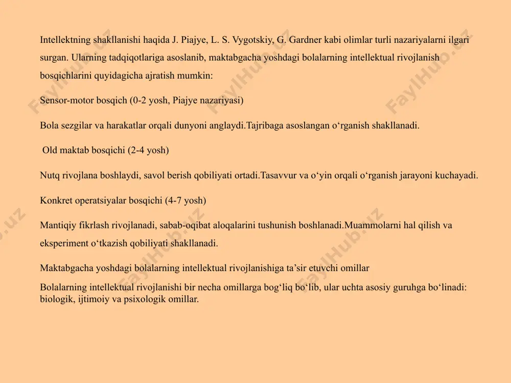 bilan ishlash, til qobiliyati. musiqiy intellekt – tovushlarni his qilish, musiqani tushunish. fazoviy intellekt – makon va shakllarni idrok qilish. tanaviy-kinestetik intellekt – tana harakati va muvozanatni saqlash qobiliyati. shaxslararo intellekt – odamlar bilan samarali muloqot qilish qobiliyati. ichki tafakkur intellekti – o‘z his-tuyg‘ularini anglash va boshqarish qobiliyati. tabiatshunoslik intellekti – tirik organizmlarni tushunish, tabiat bilan bog‘lanish qobiliyati. bu nazariya shuni ko‘rsatadiki, har bir bolaning o‘ziga xos qobiliyatlari bor va ularni individul yondashuv orqali rivojlantirish lozim. maktabgacha yoshdagi bolalarda intellektni rivojlanishini quyidagi ko‘rsatkichlar asosida baholash mumkin: nutq va til qobiliyati – bola muloqot qilish, so‘z boyligini oshirish va fikrlarini aniq ifodalashga harakat qiladi. muammoni hal qilish qobiliyati – bola turli muammolarni mustaqil hal qilishga intiladi. ijodiy tafakkur – bola tasavvuridan foydalangan holda o‘yin o‘ynaydi yoki yangi narsalarni yaratadi. diqqat va xotira – eslab qolish va diqqatni jamlash qobiliyati. mantiqiy tafakkur – sabab-oqibatni tushunish, narsalarni guruhlash va taqqoslash. intellekt insonning fikrlash, …