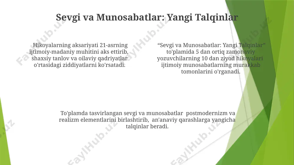 xil ifodalanish shakllarini – postkolonializm, modernizm va postmodernizm kabi nazariy tushunchalar yordamida tahlil qilgan. ijtimoiy muammolar va konfliktlar korrupsiya va byurokratiya kabi siyosiy-ijtimoiy muammolar 8 ta hikoyada realistik tarzda aks ettirilgan boʻlib, ularning har biri oʻziga xos badiiy uslubda yoritilgan. zamonaviy oʻzbek qisqa hikoyalarida ijtimoiy muammolar, masalan, qashshoqlik, ishsizlik va taʼlimdagi tengsizlik kabi mavzularda 20 dan ortiq asar tahlil qilingan. oilaviy konfliktlar, ayniqsa, avlodlar oʻrtasidagi munosabatlar va gender tengsizligi mavzulari taxminan 15 ta hikoyada markaziy konflikt sifatida koʻrsatilgan. realizm va postmodernizm elementlari realizm va postmodernizmning sinteziga misol tariqasida hikoya qahramonlarining ichki dunyosining murakkabligi va hayotiy voqeliklarning paradoksalligi, 3-4 xil narrative texnikalarini qoʻllash orqali ifodalanganligi keltirilishi mumkin. zamonaviy oʻzbek qisqa hikoyalarida realizm 20-asr oxiri va 21-asr boshlarida kuchaygan ijtimoiy-siyosiy oʻzgarishlarni aks ettiradi, bir vaqtning oʻzida individual psixologik portretlarga ham e’tibor qaratadi. postmodernizmning metafiksiya, intertekstuallik va ironik uslub kabi elementlari taxminan 5 dan ortiq hikoya mualliflarining asarlarida sezilarli darajada namoyon boʻladi, an’anaviy …