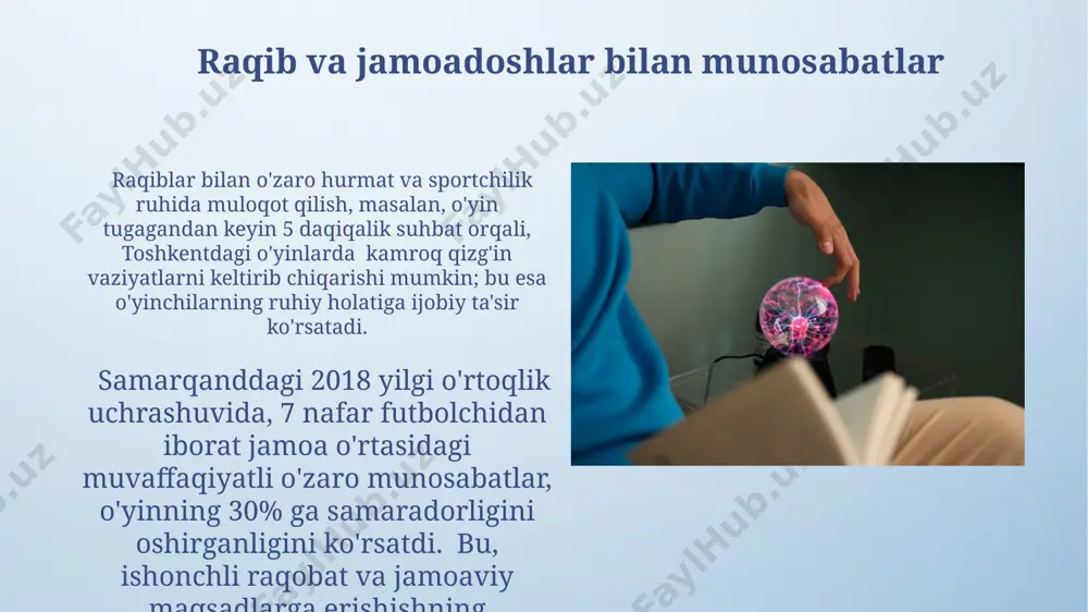 onal futbolchilarning 85% i o'yin oldidan maxsus psixologik mashqlarni bajaradi, bu esa ularning konsentratsiyasi va natijalarga ta'sirini 15-20% ga oshirishga yordam beradi, degan ma'lumotlar mavjud. to'pga bo'lgan munosabat va uning ta'siri to'pga bo'lgan salbiy munosabat, masalan, 10 dan ortiq xato zarbalar, o'yinchining o'ziga bo'lgan ishonchini pasaytirib, natijada o'yin natijalariga, xususan, toshkentdagi musobaqalarda salbiy ta'sir ko'rsatishi mumkin. ijobiy munosabat, aksincha, to'p bilan o'zaro ta'sirlar sonini 20% ga oshirishi va samarqanddagi professional futbolchilarda kutilmagan muvaffaqiyatlarga olib kelishi mumkin, bu esa o'ziga ishonchni kuchaytiradi. to'p o'yinlarida o'ziga ishonch va motivatsiya to'p o'yinlarida o'ziga ishonchning pasayishi, masalan, 5ta o'yinda ketma-ket mag'lubiyatdan keyin, o'yinchining motivatsiyasi va o'yin ko'rsatkichiga salbiy ta'sir ko'rsatib, xatoliklar sonini 15% ga oshiradi. professional futbolchilarda motivatsiya darajasini oshirish uchun 7-10 kunlik maxsus psixologik mashg'ulotlar samarqandda o'tkaziladi va bu natijalarga 25% ga ijobiy ta'sir ko'rsatadi. to'p o'yinlarida xatoliklar va ularni bartaraf etish to'p o'yinlarida 70% xatolar to'pni qabul qilish va uzatish texnikasining yetarli …