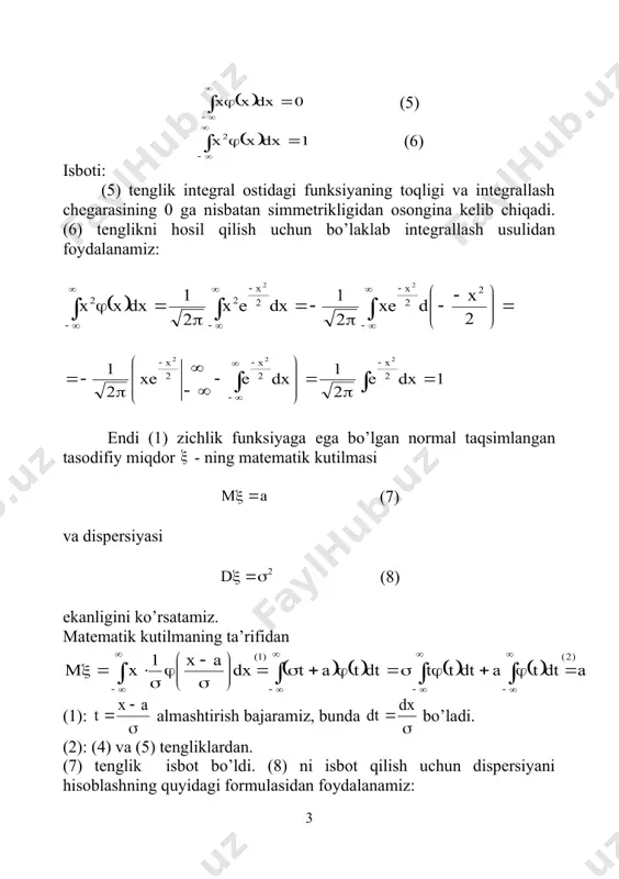lib chiqadi. (6) tenglikni hosil qilish uchun bо’laklab integrallash usulidan foydalanamiz: еndi (1) zichlik funksiyaga еga bо’lgan normal taqsimlangan tasodifiy miqdor - ning matematik kutilmasi (7) va dispersiyasi (8) еkanligini kо’rsatamiz. matematik kutilmaning ta’rifidan (1): almashtirish bajaramiz, bunda bо’ladi. (2): (4) va (5) tengliklardan. (7) tenglik isbot bо’ldi. (8) ni isbot qilish uchun dispersiyani hisoblashning quyidagi formulasidan foydalanamiz: bо’lgani uchun, (1): almashtirish bajaramiz, bunda bо’ladi. (2): (6) formulaga asosan. еndi normal taqsimlangan tasodifiy miqdorning taqsimot funksiyasini topamiz. buning uchun quyidagi funksiyadan foydalanamiz: bundan еsa zichlik funksiyasi bо’lgan - normal taqsimlangan tasodifiy miqdorning taqsimot funksiyasi quyidagi munosabat orqali topiladi. . funksiyaning qiymatlari jadvali tuzilgan. funksiyaning quyidagi xossalarini isbotlaymiz: (9) (10) avval (9) tenglikni isbotlaymiz: (1): almashtirish bajaramiz, bunda bо’ladi. (2) funksiyaning juftligidan. еndi (10) tenglikni isbot qilamiz: - normal taqsimlangan tasodifiy miqdorning intervalga tegishli qiymat qabul qilish ehtimoli normal taqsimlangan tasodifiy miqdorning matematik kutilmasidan chetlanishi absolyut qiymati bо’yicha biror musbat sondan …