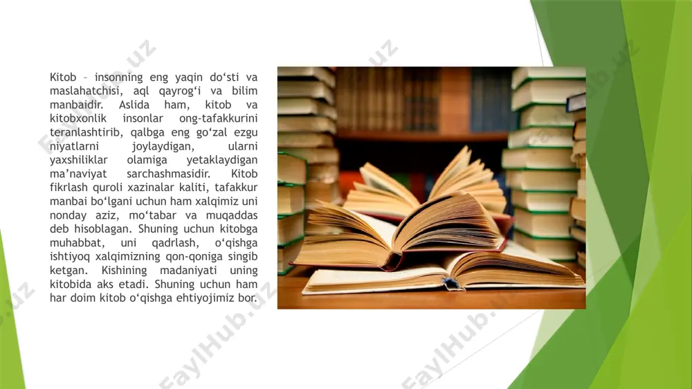 ydi, shirin xayollar surishga, eng asosiysi, odamlarni tushunishga, kechirishga, ezgulik sari intilib yashashga undaydi. kitoblar qalbimizni ilitadi, ko‘nglimizni yoritadi, baxtli va saodatli, nurli kunlarga boshlaydi. “ ” kitob - bu oftob, u bilimlar sarchashmasidir. kitobni inson tafakkurining qanotlariga o‘xshatishgan. zero, tafakkuri, fikr doirasi keng ma’rifatli kishilar jamiyatning chinakam boyligidir. aksincha, hayotda ro‘y berib turadigan ayrim noxushliklar ildizi esa ma’rifatsizlik, kitob o‘qimaslikning achchiq mevasi. temirni zang kemirganidek, odamni ham ma’naviyatsizlik mo‘rt qiladi. ma’naviyat esa insonga kitob o‘qish orqali yuqadi. har qanday yangilik ham bir kun eskiradi, biroq insoniyatning ming-ming yillar davomida qo‘lga kiritgan aqliy hamda fikriy durdonalarini o‘zida jamlagan kitoblar aslo eskirmaydi. kitob o’qishning biz bilgan va bilmagan 10 ta foydasi 1. o‘qish yangi va noyob fikrlar tug‘ilishiga yordam beradi. 2. o‘qish inson fikrini jamlaydi va diqqat markazini oshiradi. 3. o‘qish tasavvurni oshiradi. 4. o‘qish chet tilini o‘rganishni osonlashtiradi. 5. birgalikda kitob o‘qish ota-onalar va bolalarning o‘zaro munosabatlarini yaxshilaydi. inson o‘z …